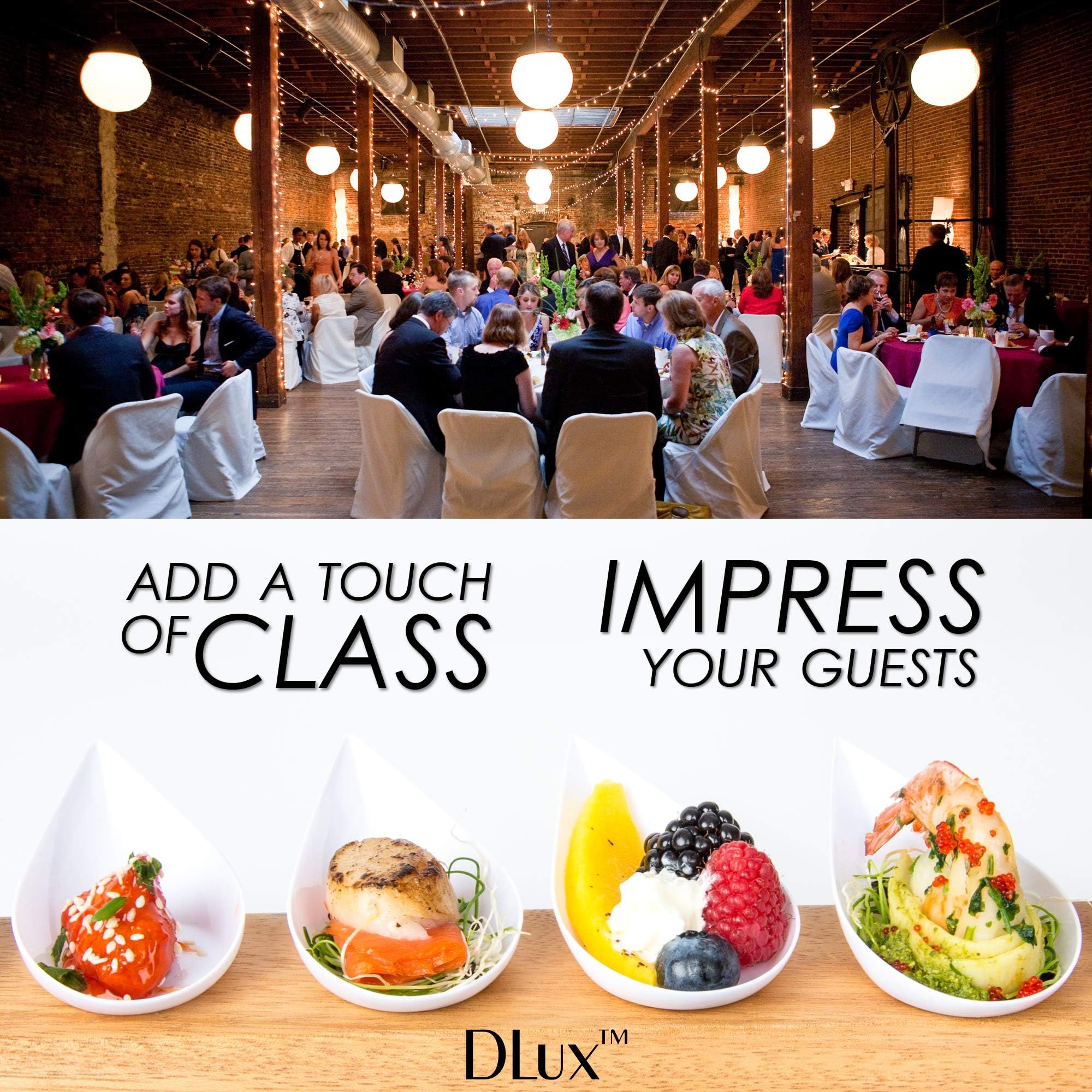 DLux 100 4-in-1 Mini Appetizer Plates with Reusable White Plastic Spoons - Elegant Dessert and Appetizer Serving Set for Parties, Catering, and Tea Time - Includes Free Recipe Ebook - Perfect for Asian Cuisine, Small Bites, and Tasting Events