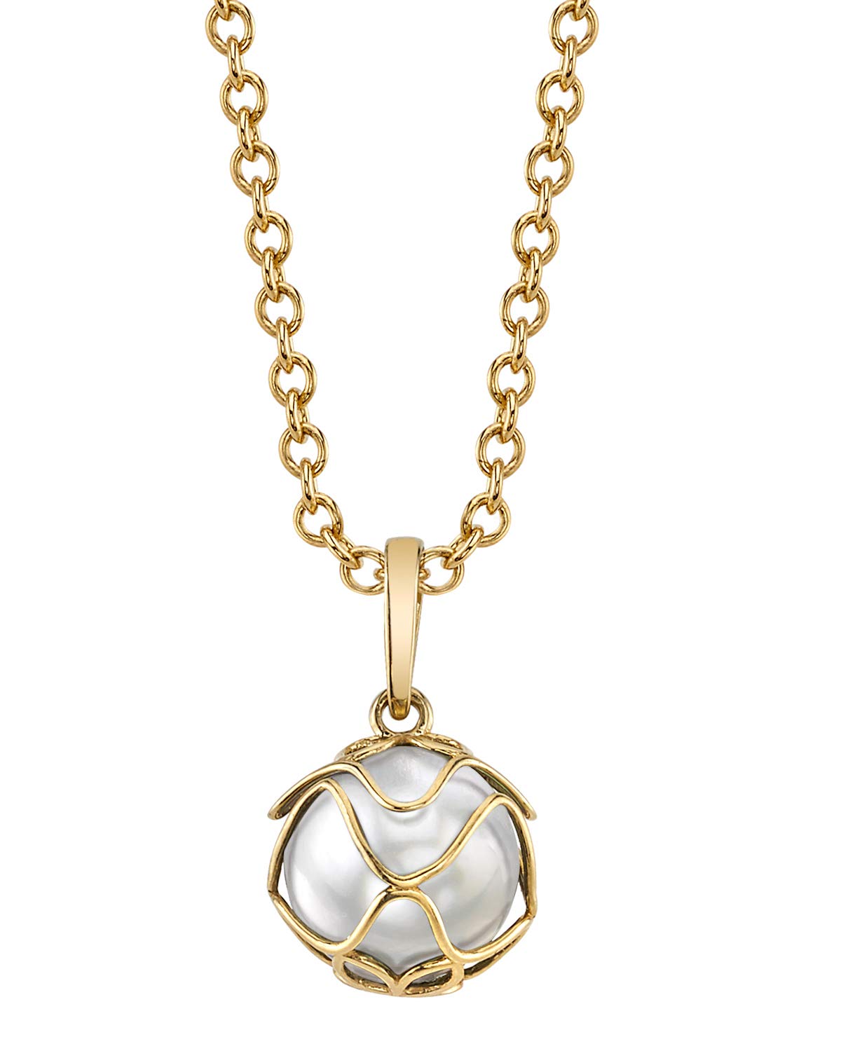The Pearl Source 14K Gold Caged Pearl Pendant Necklace - Genuine White South Sea Cultured Pearl Jewelry for Women | Elegant Gift for Anniversary, Wedding & Special Occasions