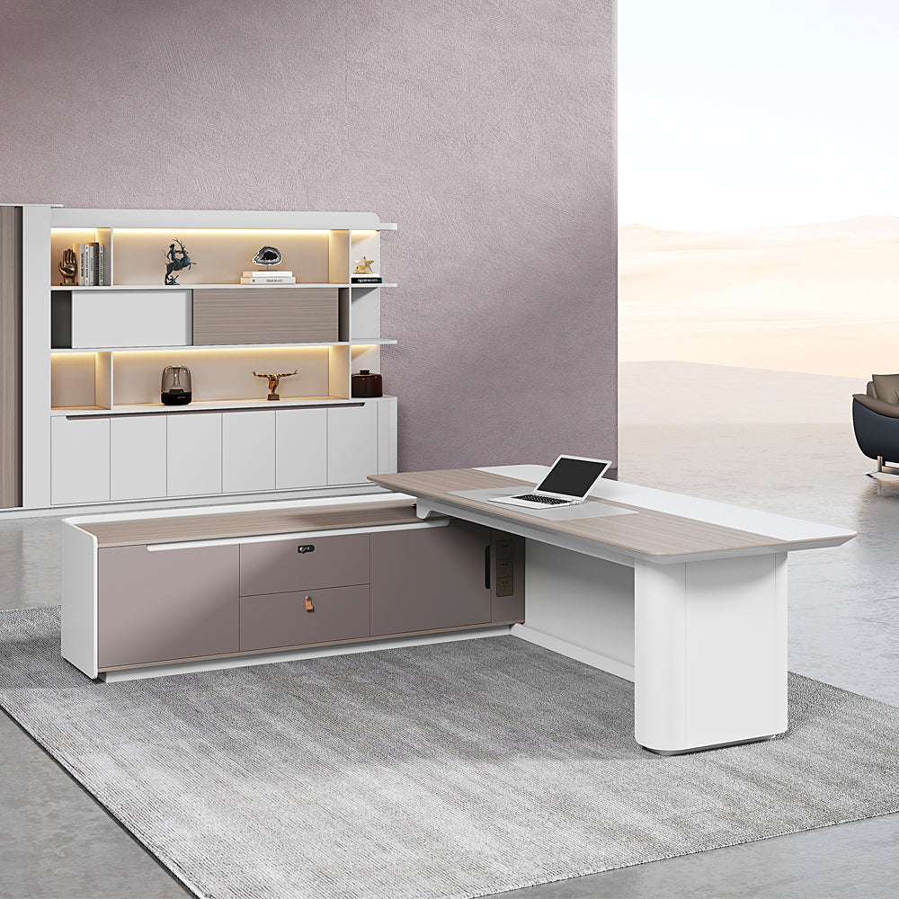 LUSH Executive Desk Left Return 240cm White & Taupe - Modern Office Desk for Home & Business Workspace