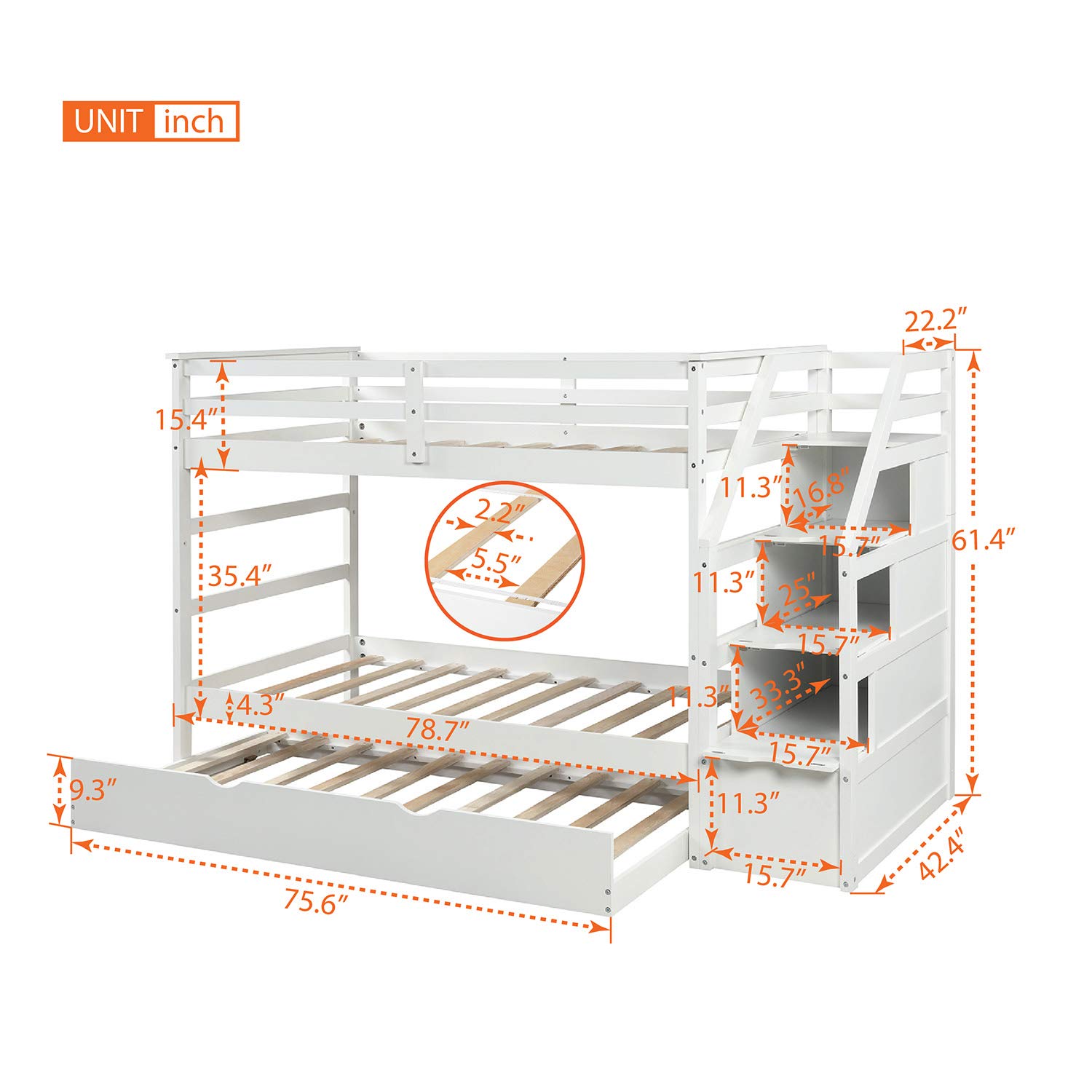 P PURLOVE Twin Over Twin Bunk Bed with Trundle - Solid Wood Stairway Bunk Bed Frame with Stairs & Storage - Full Length Guardrail for Kids, Teens & Guest Rooms - Space Saving Bedroom Furniture (White) - Perfect for Small Spaces, Shared Rooms & Vacation Homes