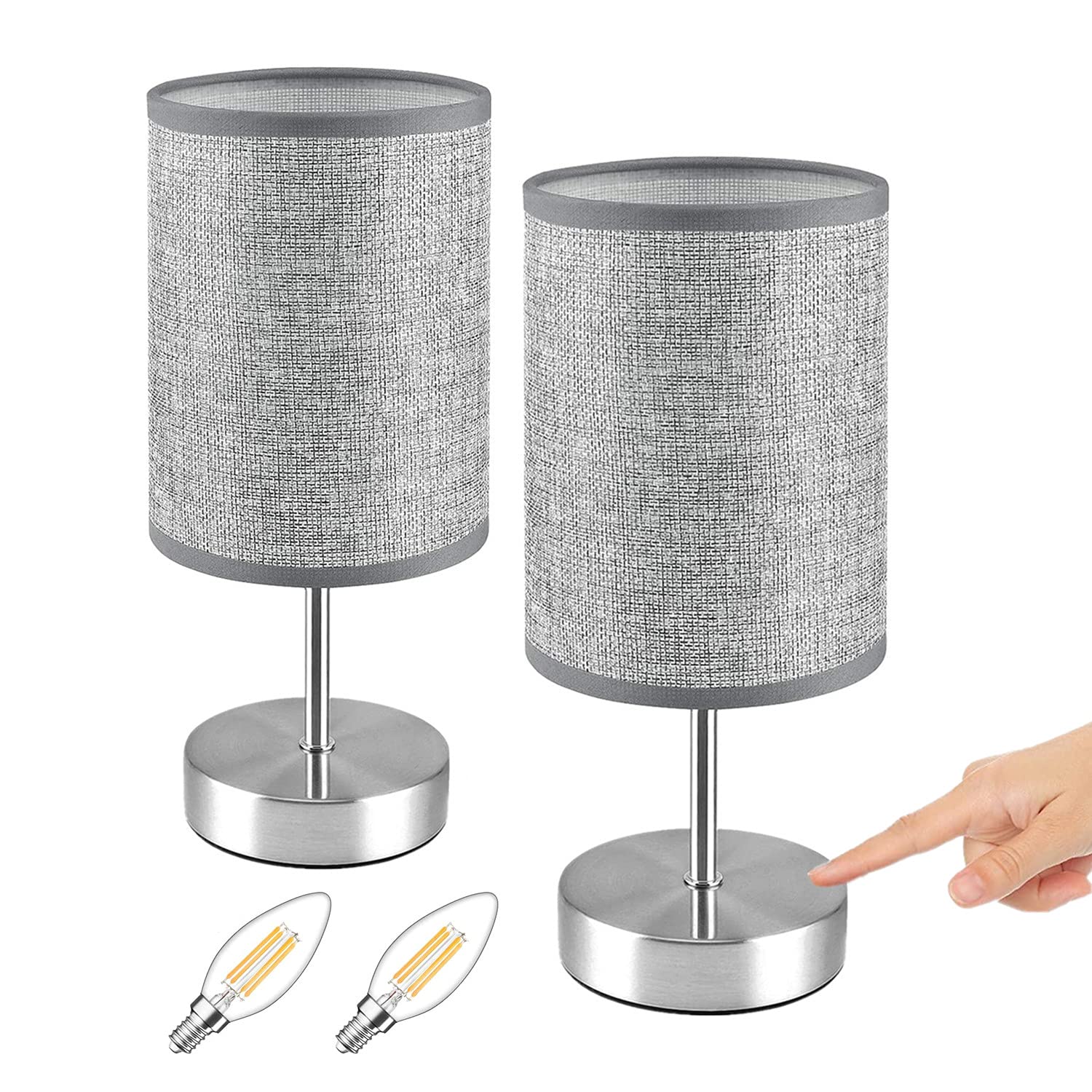 HUGCHG 2-Pack Dimmable Touch Control Table Lamps with Grey Fabric Shade - 4W LED Bulbs Included for Bedroom, Nightstand, Living Room & Office - Perfect for Reading, Relaxing & Ambient Lighting