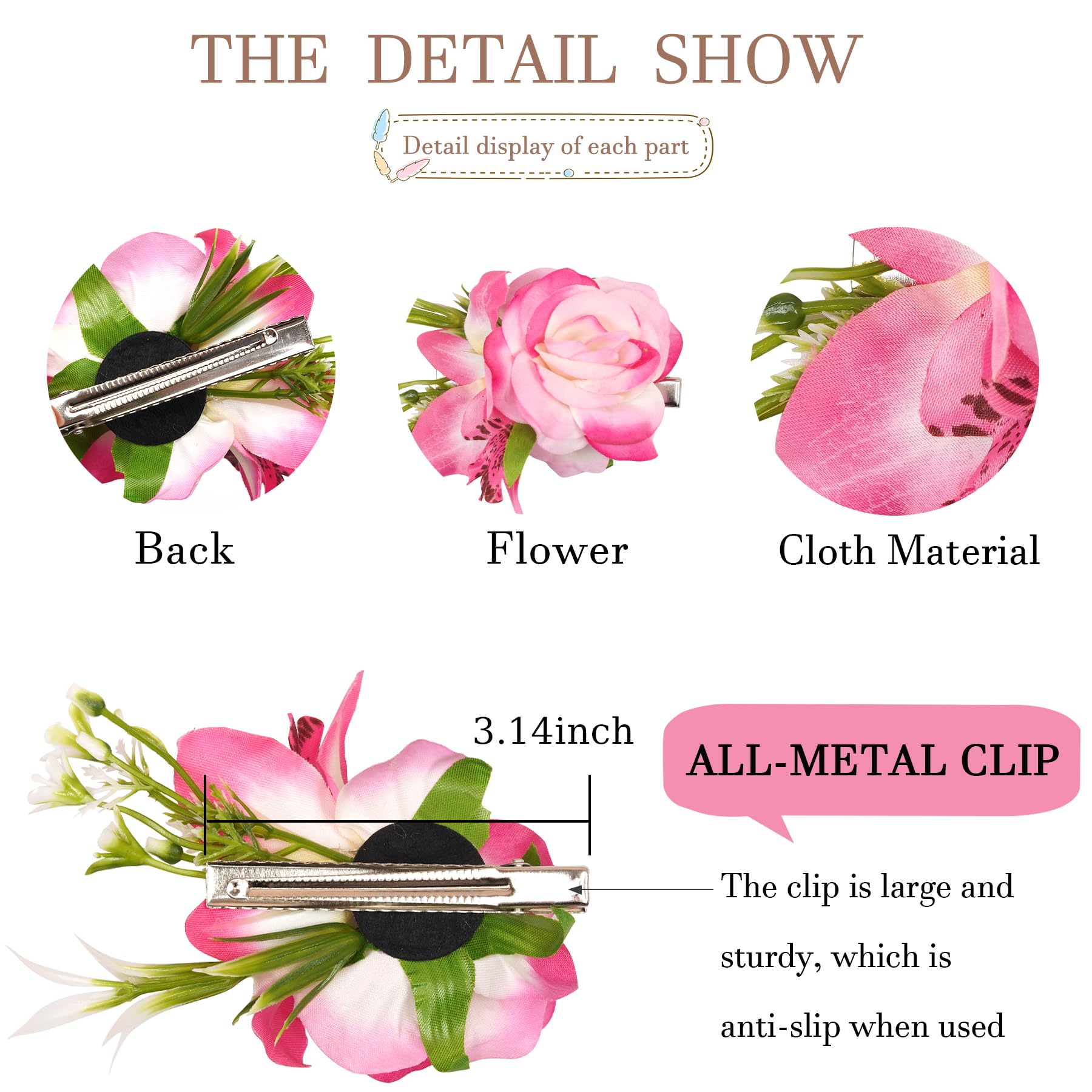 3PCS Rose Flower Hair Clips for Women & Girls - Large Hawaiian Artificial Flower Hair Barrettes with Leaves - Wedding Beach Luau Party Hair Accessories - Perfect for Bridal, Vacation, and Summer Hairstyles