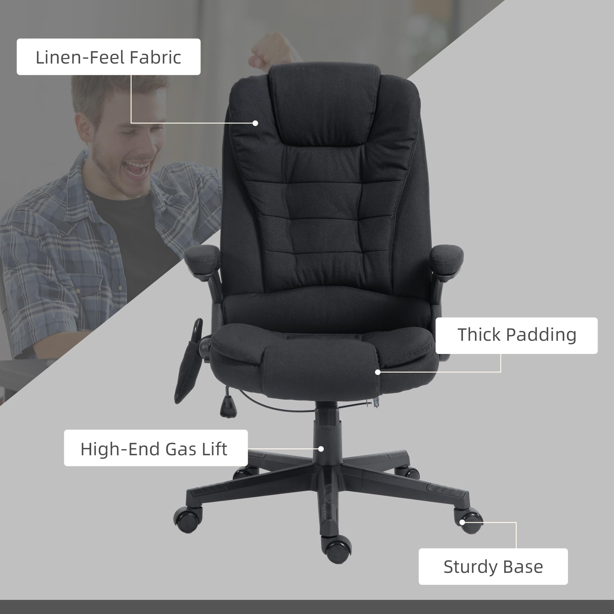 Vinsetto 6-Point Vibrating Massage Office Chair with Heating - High Back Executive Chair with Reclining Function, Padded Armrests & Remote Control - Black - Perfect for Home Office, Gaming & Relaxation
