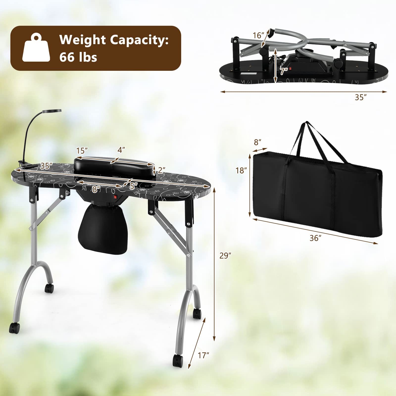 Portable 35-inch Folding Manicure Table with Electric Dust Collector, Adjustable LED Light & Carry Bag - 4 Lockable Wheels Nail Salon Station for Professionals (Black) | Perfect for Home Salons & Mobile Nail Technicians