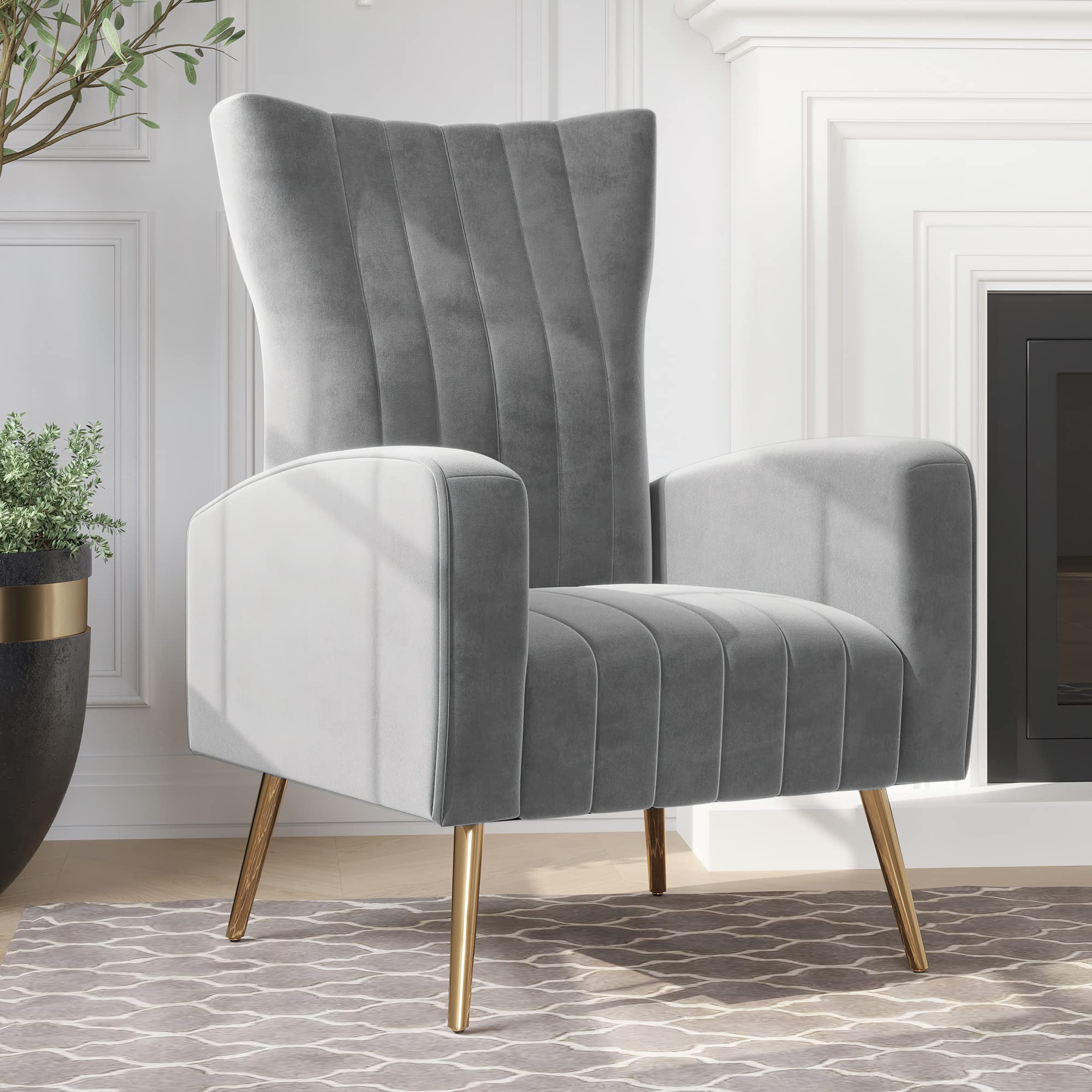 BELLEZE Modern Velvet Wingback Accent Chair with Metal Legs & Armrests - Upholstered High Back Vanity Chair for Living Room, Bedroom, Office - Kinsley (Gray) - Perfect for Reading, Relaxing & Home Decor