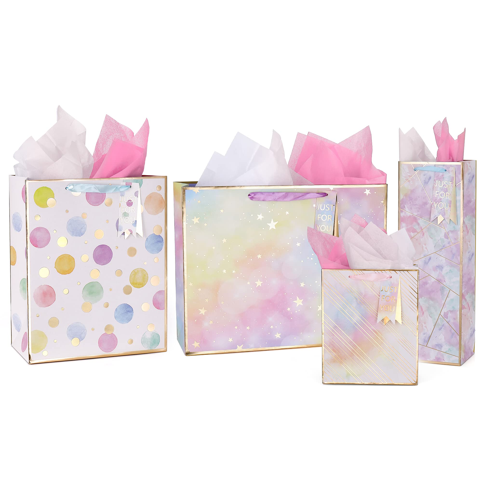 4 Pack Reusable Gift Bags with Handles - Assorted Sizes (Large, Medium, Small) - Colorful Polka Dots, Stripes & Stars Pattern - Includes Tissue Paper - Perfect for Birthday Parties, Weddings, Mother's Day & Special Occasions - Eco-Friendly Party Favor Bags for Gifts & Celebrations