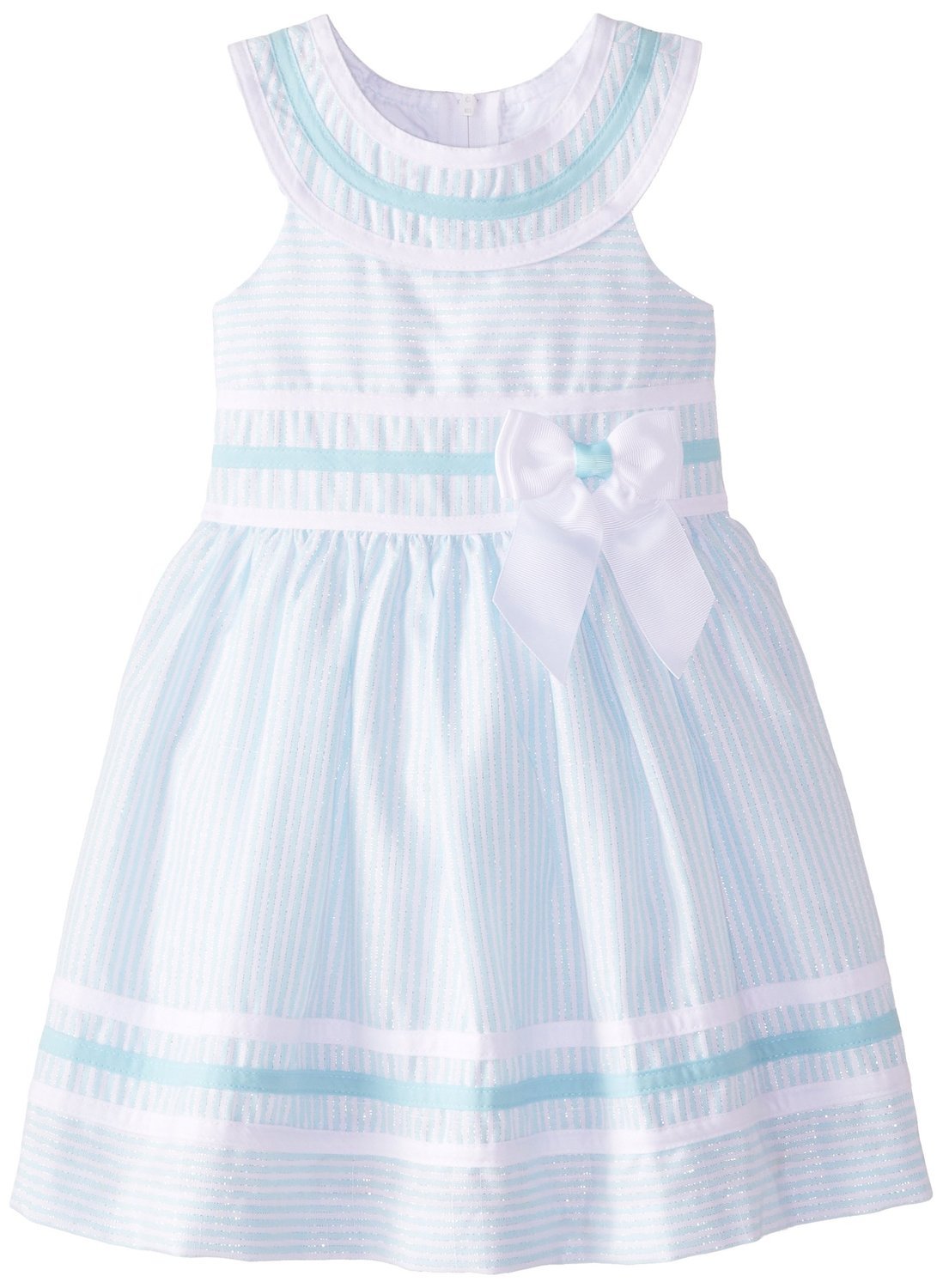 Bonnie Jean Little Girls' Aqua Stripe Linen Side Bow Dress - Cute Summer Outfit for Beach, Party & Special Occasions