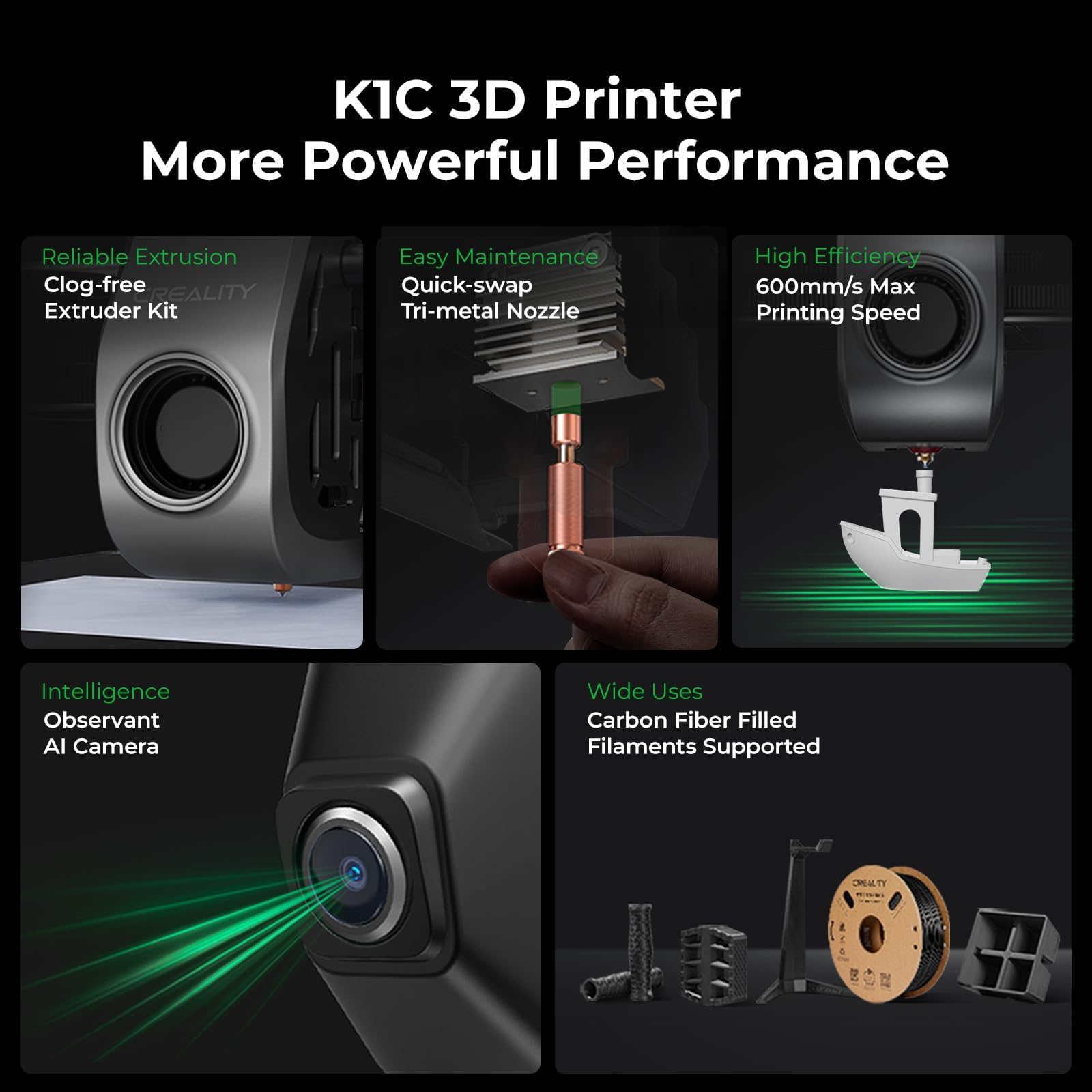 Creality K1C 3D Printer 600mm/s High-Speed Printing with Auto Leveling & AI Camera - 2024 Upgraded Version for Carbon Fiber Filaments, 300°C Nozzle Temperature - Perfect for Rapid Prototyping, DIY Projects & Professional 3D Printing