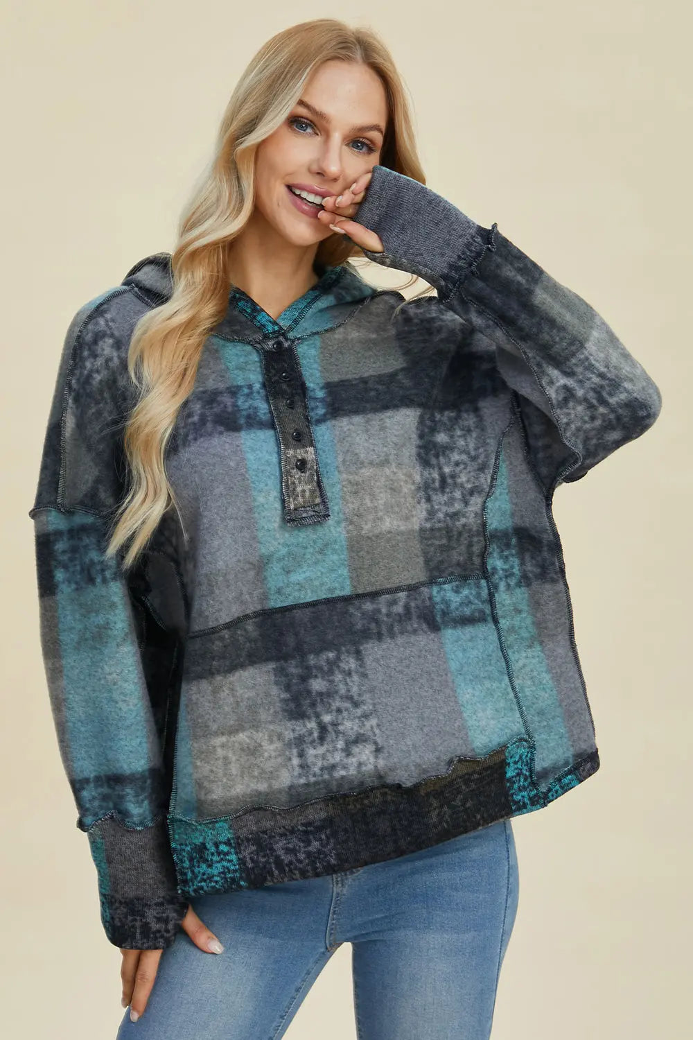 Double Take Full Size Plaid Dropped Shoulder Hoodie - Cozy Oversized Sweatshirt for Men & Women - Perfect for Casual Wear, Loungewear, and Outdoor Activities