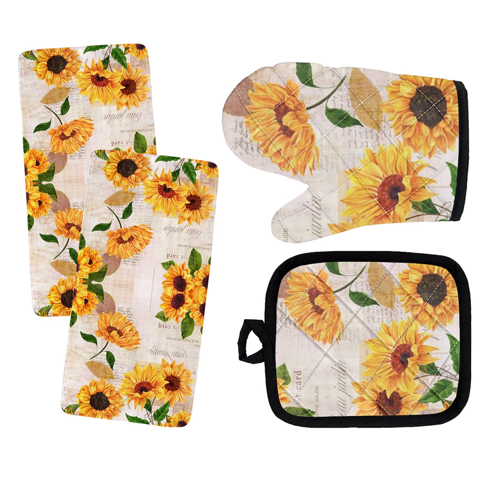 DISNIMO 4-Piece Sunflower Kitchen Towel Set with Oven Mitts & Pot Holder, Heat Insulation Baking Mats for Cooking, Perfect for Home Kitchen Decor & Daily Use