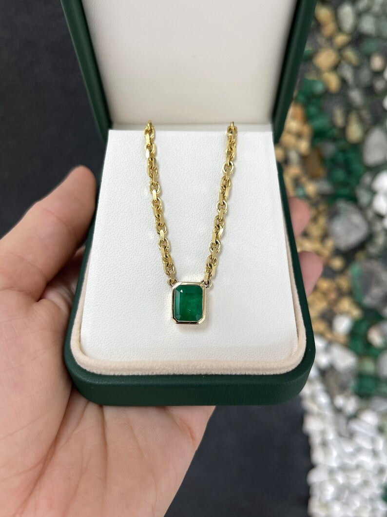 3.45 Carat Dark Green Natural Emerald Cut 3mm Anchor Chain Bezel Necklace in 14K Gold - Elegant Jewelry for Women, Perfect Gift for Anniversary, Birthday & Special Occasions