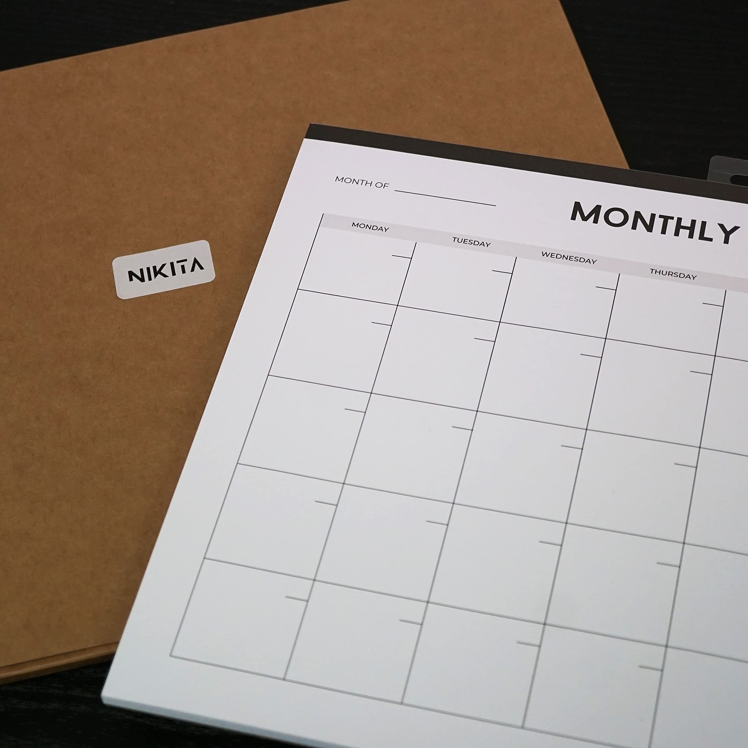 NIKITA Monthly Planner Pad - Undated A3 Wall Calendar (36 x 26cm) - 50 Tear-Off Sheets - Black & White Design - Home & Office Organization - Perfect for Family Planning, Work Schedules, and School Reminders