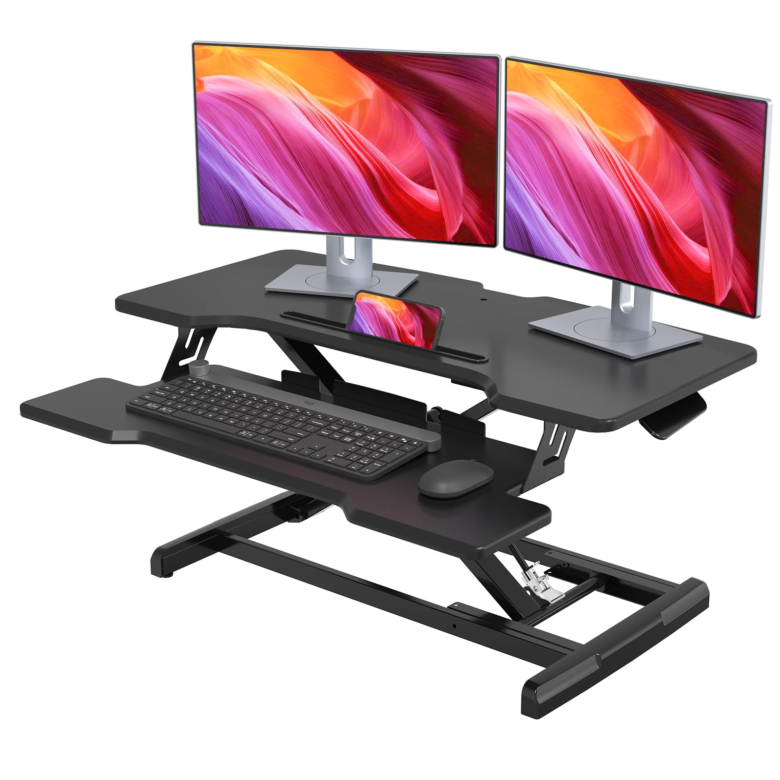 32 Inch Height Adjustable Standing Desk Converter - Dual Monitor Sit Stand Workstation with Keyboard Tray for Home Office | Ergonomic Black Desktop Riser for Computer, Laptop & Office Work