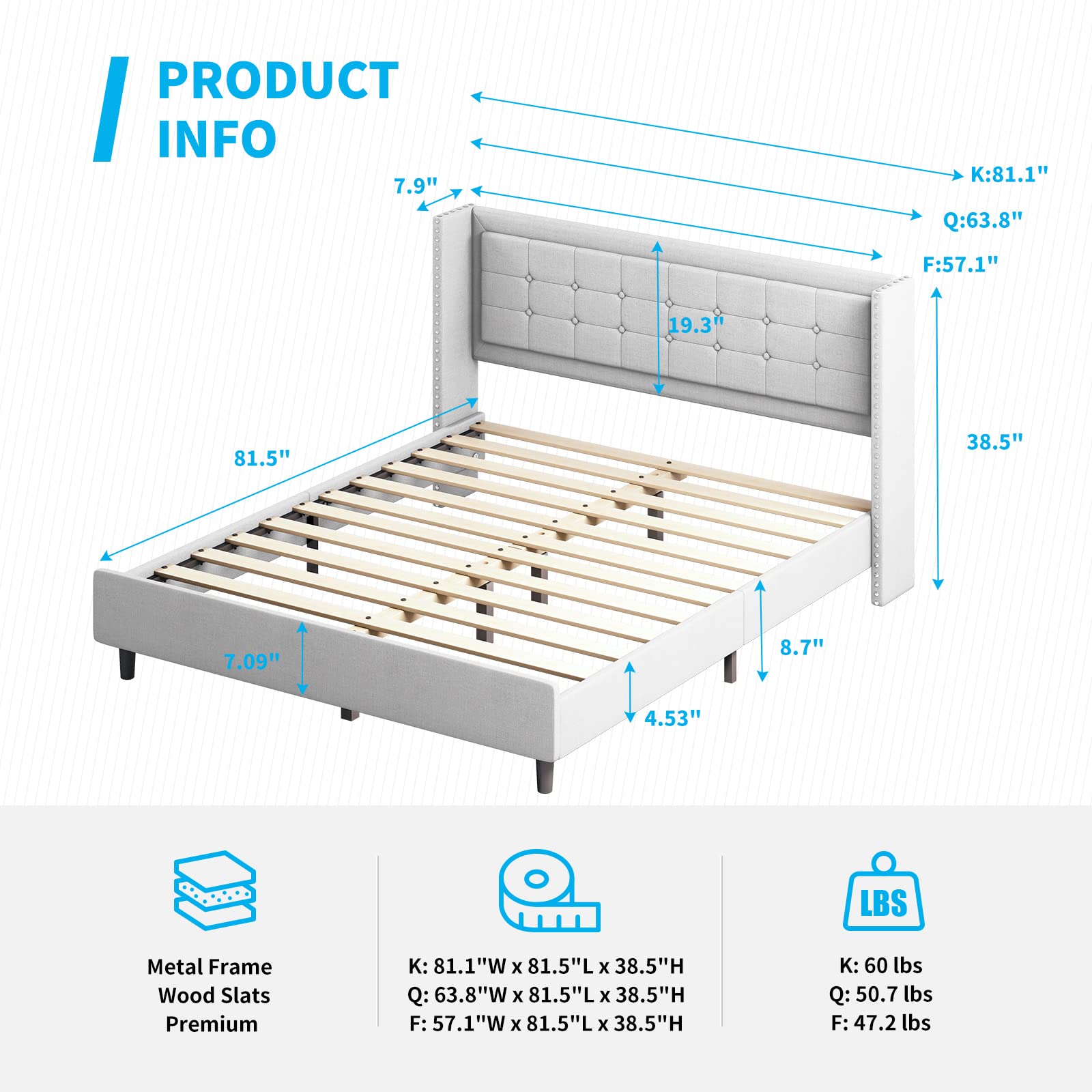 BALUS King Size Platform Bed Frame with Wingback Headboard - Modern Upholstered Bed with Rivet Decor, No Box Spring Required, Easy Assembly (King, Light Grey) - Perfect for Master Bedroom, Guest Room & Modern Home Decor