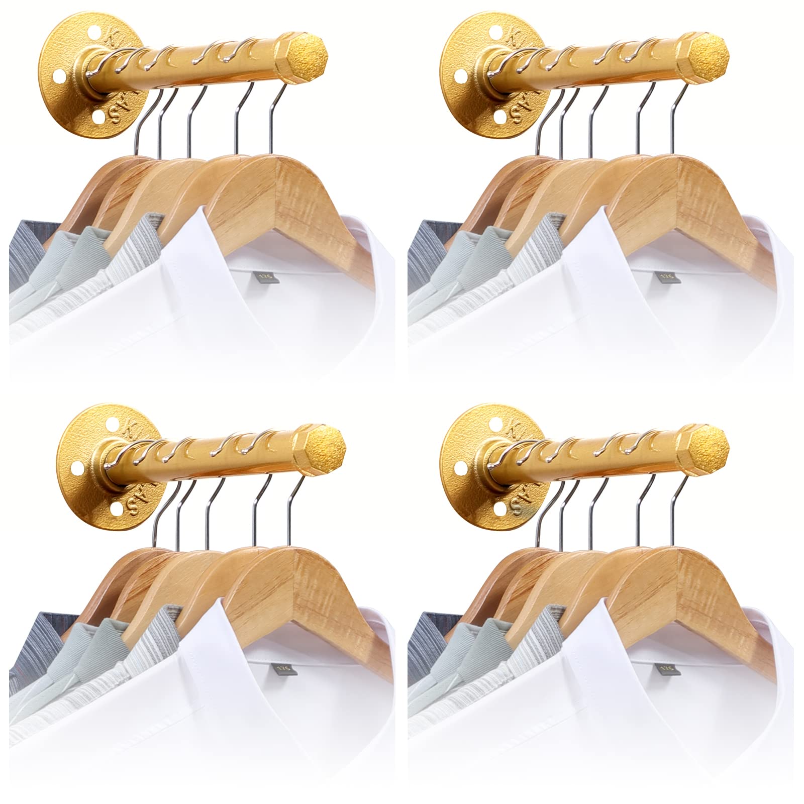 12 Inch Gold Pipe Shelf Brackets - Heavy Duty Industrial Pipe Clothes Hanging Rod, 4 Pcs Wall Mounted Garment Rack for Bedroom, Bathroom, Boutique & Clothing Store - Perfect for Space-Saving Storage & Stylish Display