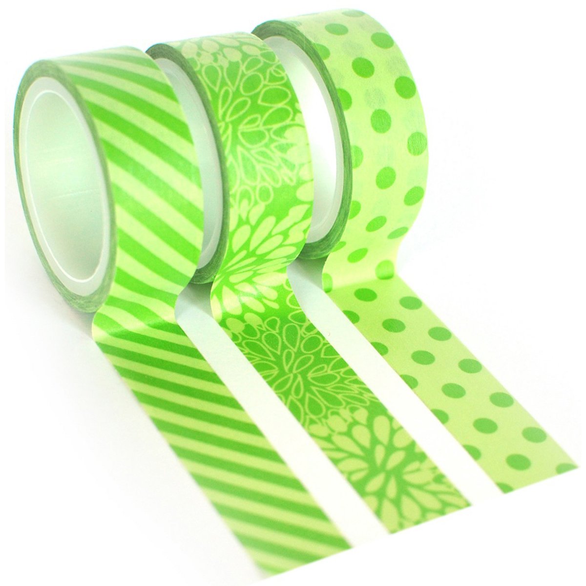 Queen&Co Trendy Tape Trio Set - 3 Pack Decorative Washi Tapes for Scrapbooking, Journaling, DIY Crafts - Green Floral & Geometric Patterns - Perfect for Gift Wrapping, Bullet Journals, Card Making