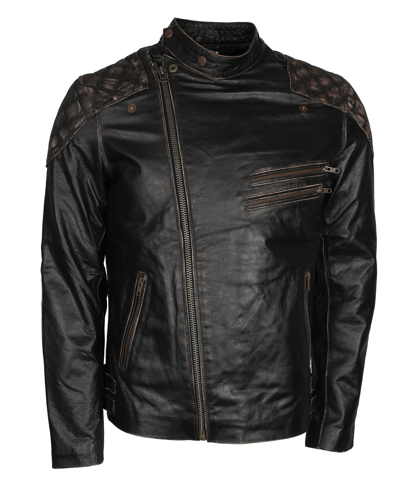 Men's Vintage Black Distressed Leather Motorcycle Jacket with Skull & Bones Design - Genuine Cowhide Biker Jacket for Riding, Halloween Costume & Streetwear Fashion