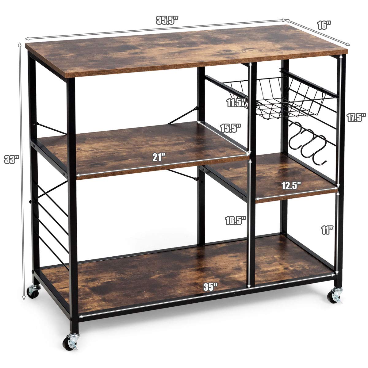 LDAILY Mocha Kitchen Baker's Rack with Wheels - 3-Tier Rolling Storage Shelf for Microwave, Spices & Utensils - Removable Organizer with Metal Frame & 3 Hooks - Perfect for Small Kitchen, Pantry or Laundry Room Storage (Brown)