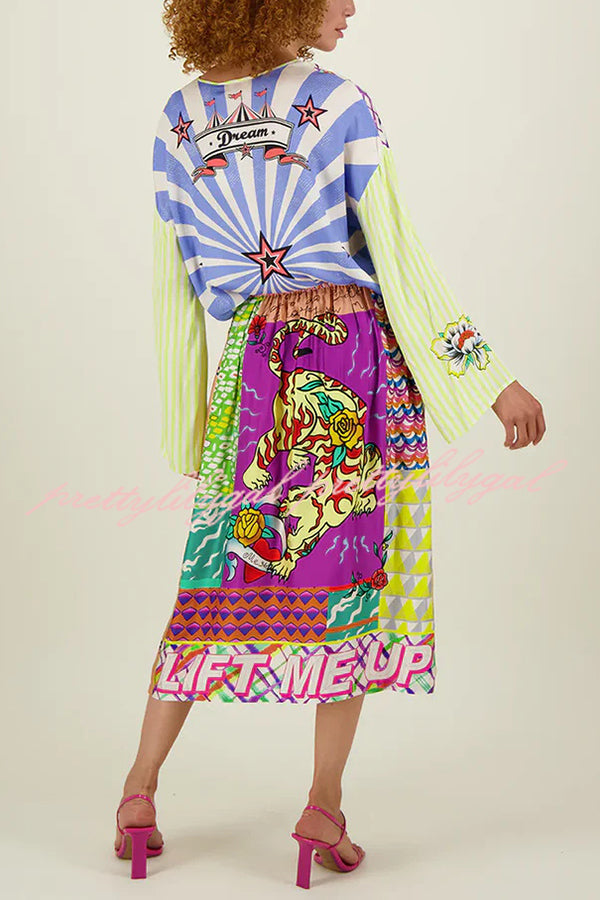 Boho Chic Satin Midi Skirt with Elastic Waist & Pockets - Colorful Unique Print for Vacation, Beach, Music Festival & Summer Outfits