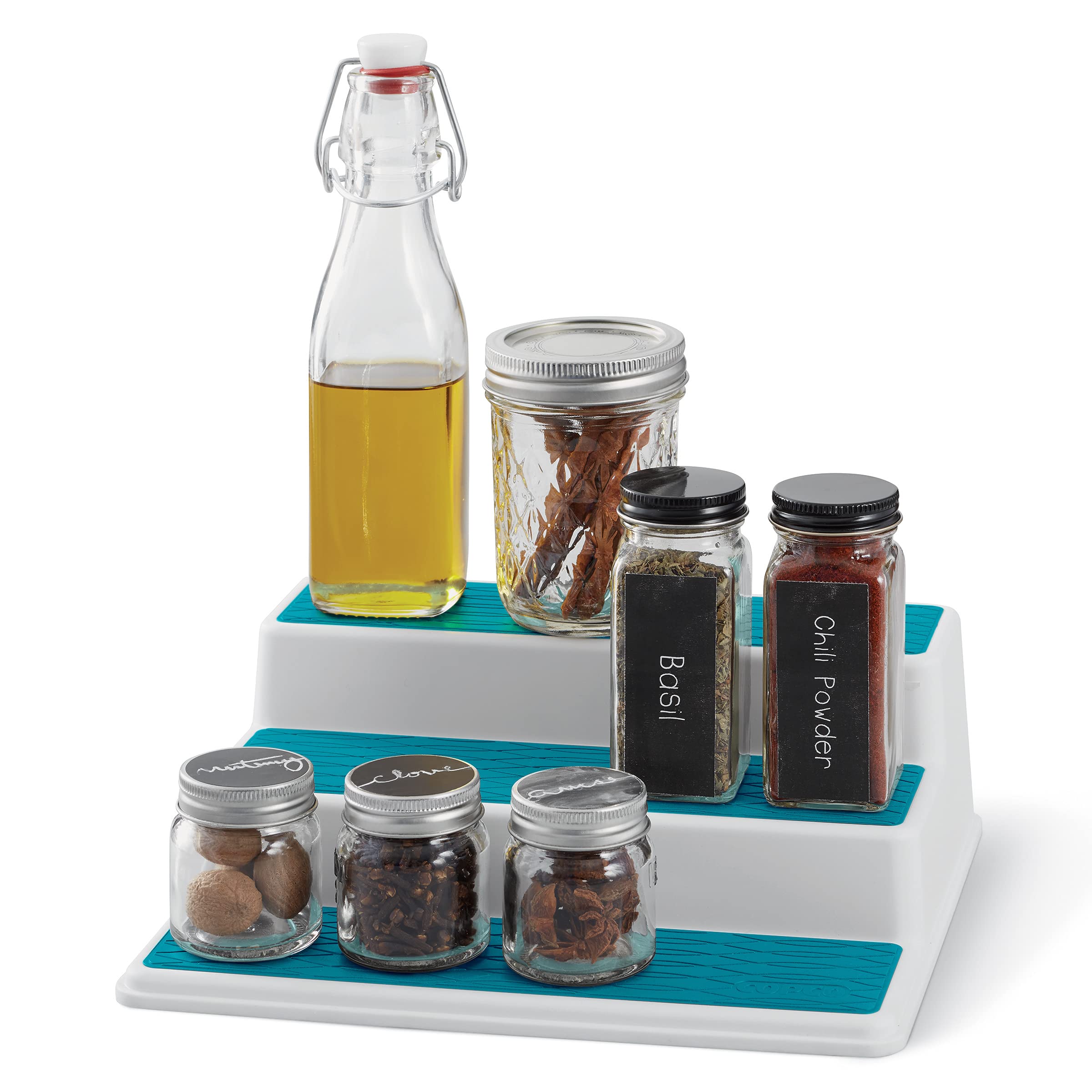 Copco Basics 3-Tier Spice Rack Organizer for Kitchen Cabinet - 10-Inch Space Saving Storage Shelf in Pagoda Blue - Perfect for Pantry, Spice Organization & Small Kitchen Storage Solutions