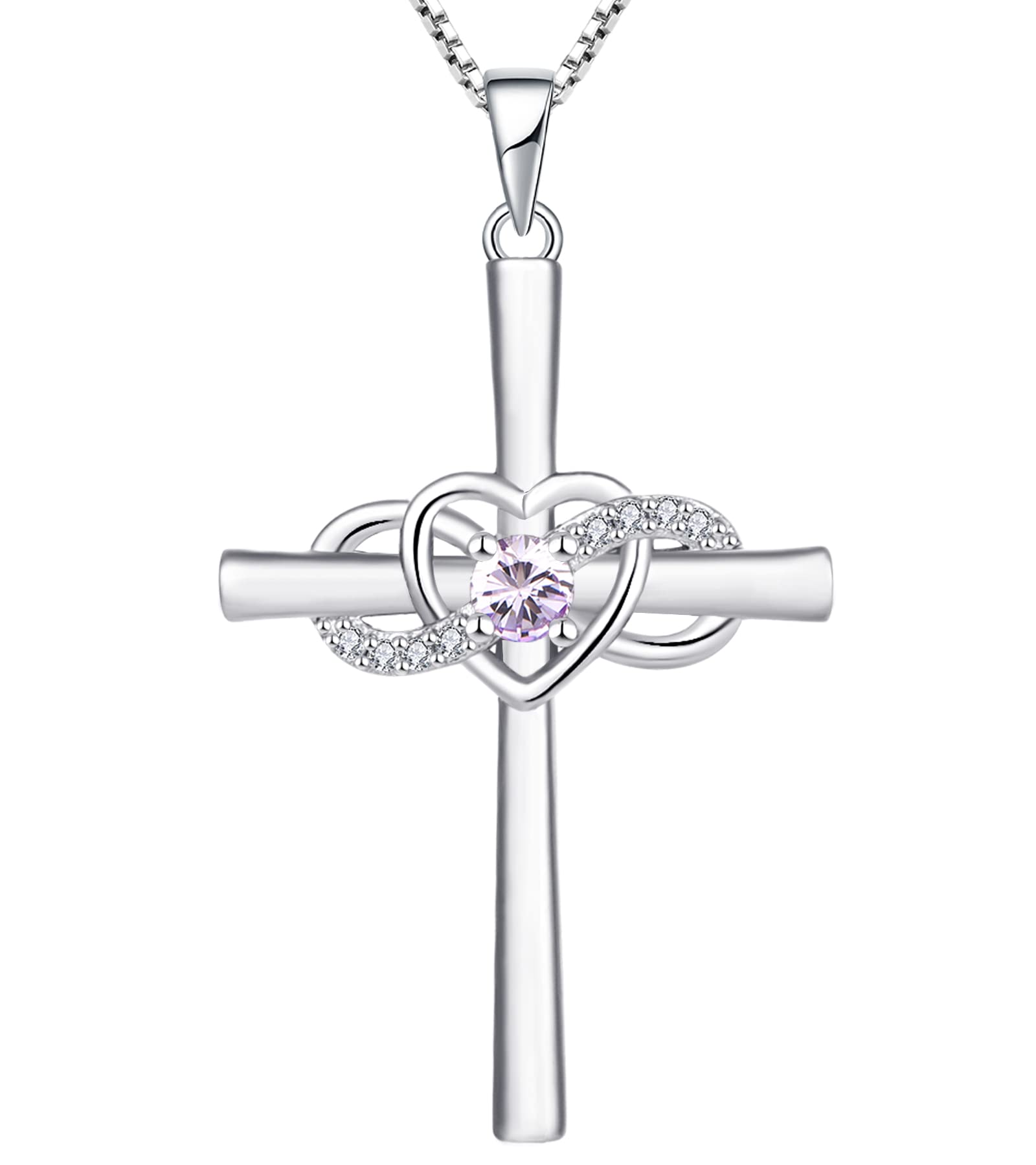 YL Sterling Silver Infinity Heart Cross Necklace with Birthstone Pendant - Elegant Women's Crucifix Jewelry for Everyday Wear, Gifts & Special Occasions