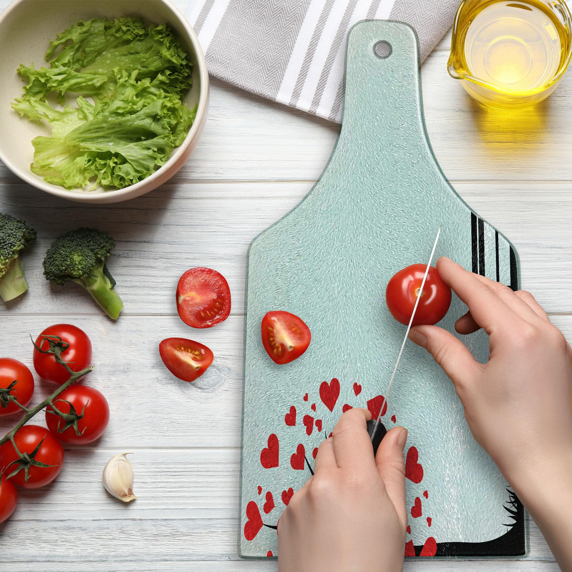 Ambesonne Romantic Tree Cutting Board - Heart-Shaped Leaves & Bench Design - Tempered Glass Serving Board for Wine & Cheese - Valentine's Day Gift & Kitchen Decor (Red & Black)