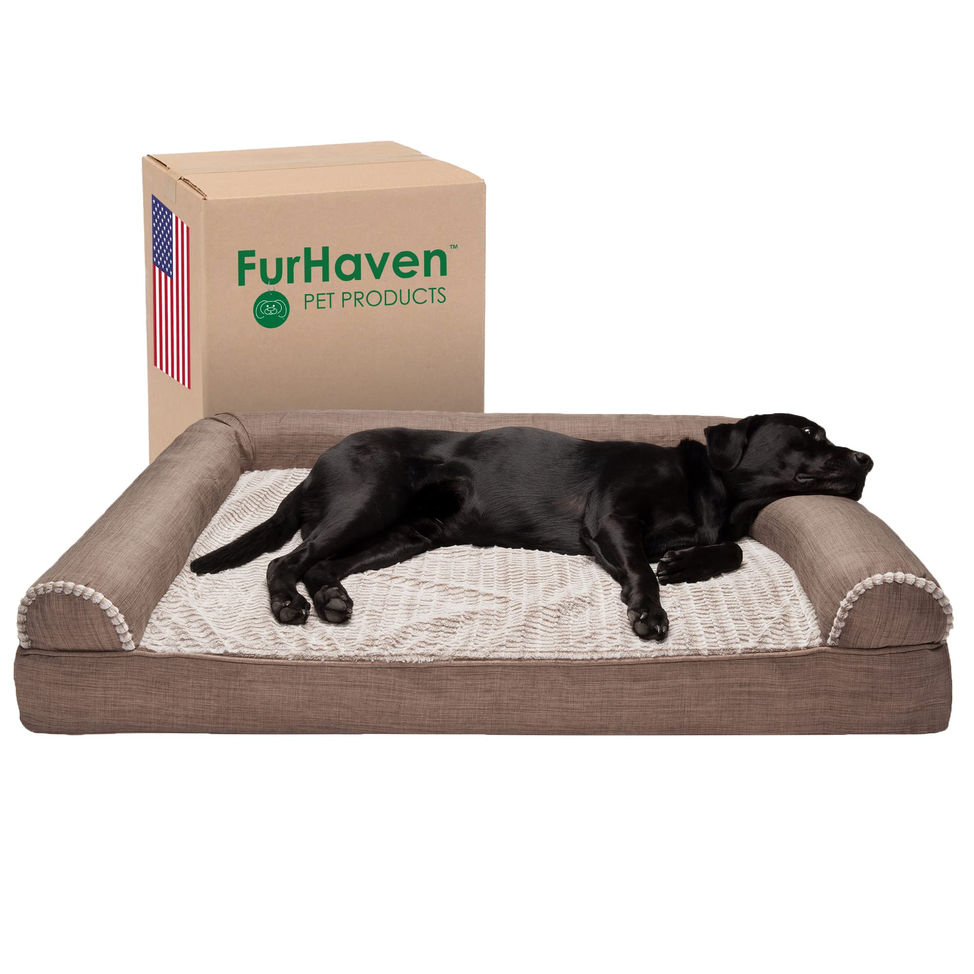 **Furhaven Orthopedic Dog Bed for Large Dogs - XXL Washable Sofa Bed with Removable Bolsters & Luxe Faux Fur Cover - Supports Up to 125 lbs - Woodsmoke Color - Perfect for Living Room, Bedroom & Pet-Friendly Spaces**