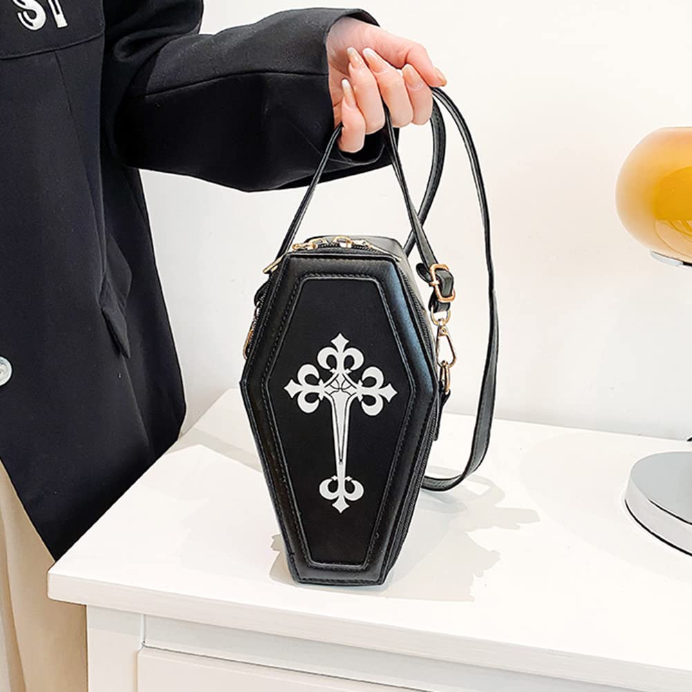 Gothic Coffin Crossbody Bag for Women - PU Leather Halloween Messenger Pouch with Adjustable Strap - Retro Gothic Handbag for Girls, Theme Parties & Cosplay Events - Perfect for Halloween, Gothic Fashion & Dark Aesthetic Outfits