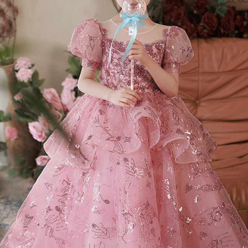 Sparkly Pink Sequin A-Line Flower Girl Dress with Puff Sleeves - Perfect for Weddings, Pageants & Special Occasions