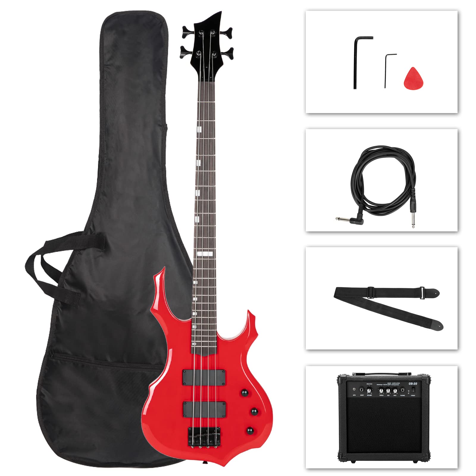 Ktaxon Full Size Electric Bass Guitar with Flame Design - 20W Amplifier, Portable Bass Bag, Amp Wire, Adjustable Strap, Plectrum & Tools (Red) - Perfect for Beginners, Live Performances & Home Practice