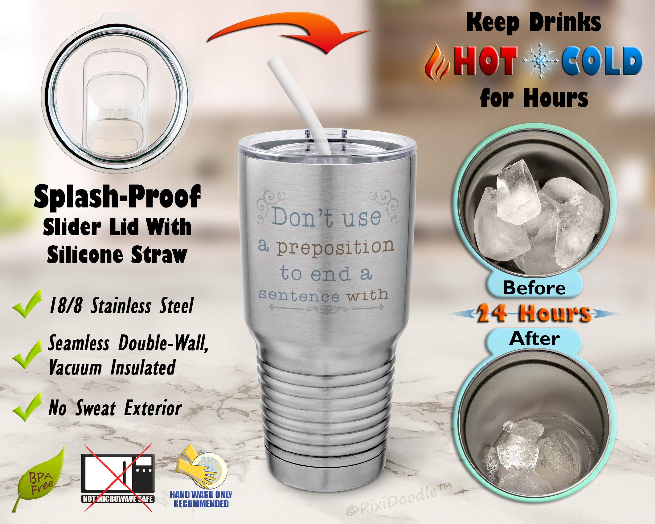PixiDoodle 30oz Insulated Silver Tumbler with Spill-Proof Lid & Silicone Straw - Funny Bookworm English Teacher Gift - Perfect for Classroom, Office & Coffee Lovers