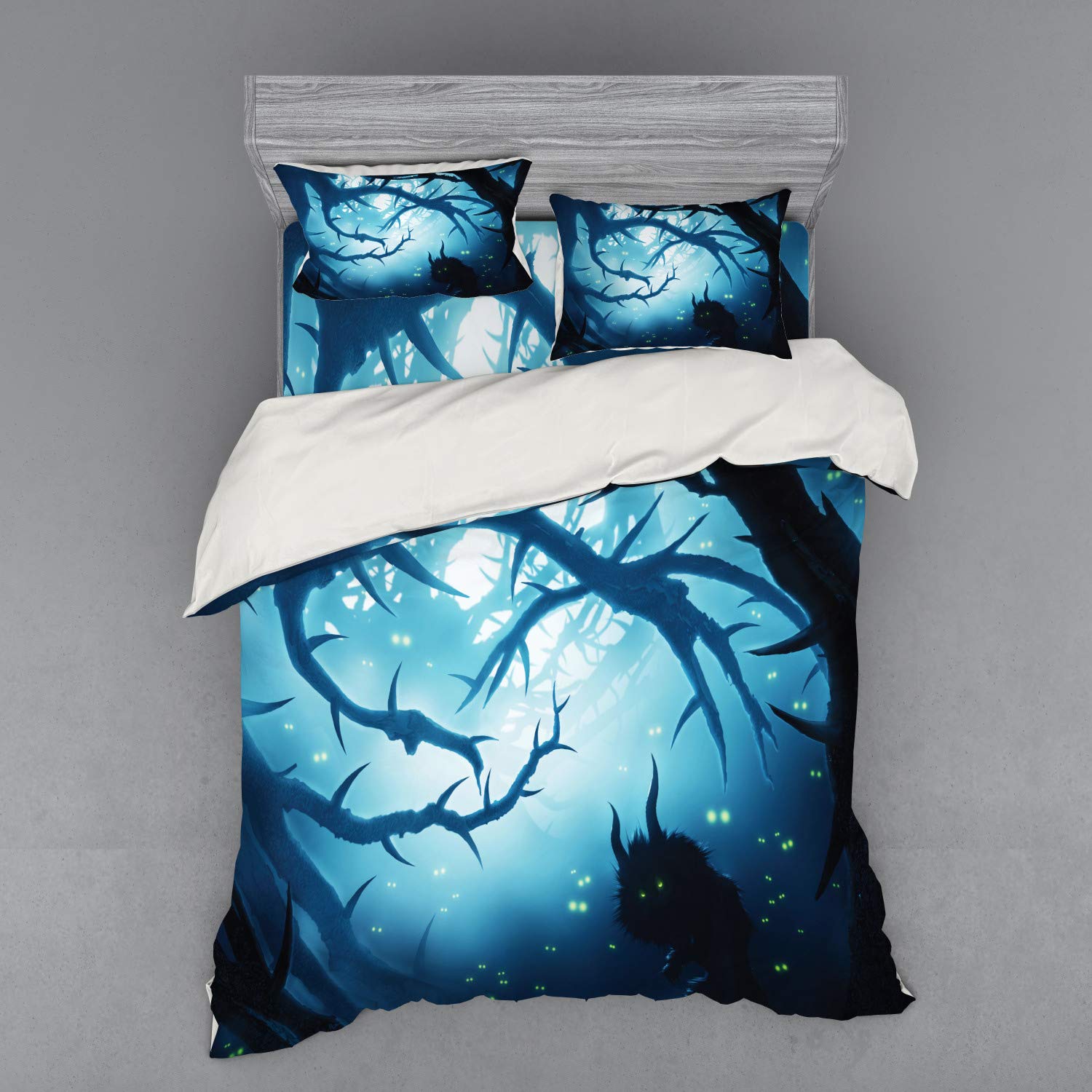Ambesonne Mystic Bedding Set - Queen Size 4-Piece Duvet Cover with Shams & Fitted Sheet, Dark Forest Animal Horror Halloween Design in Navy White | Gothic Bedroom Decor for Halloween & Spooky Theme Parties