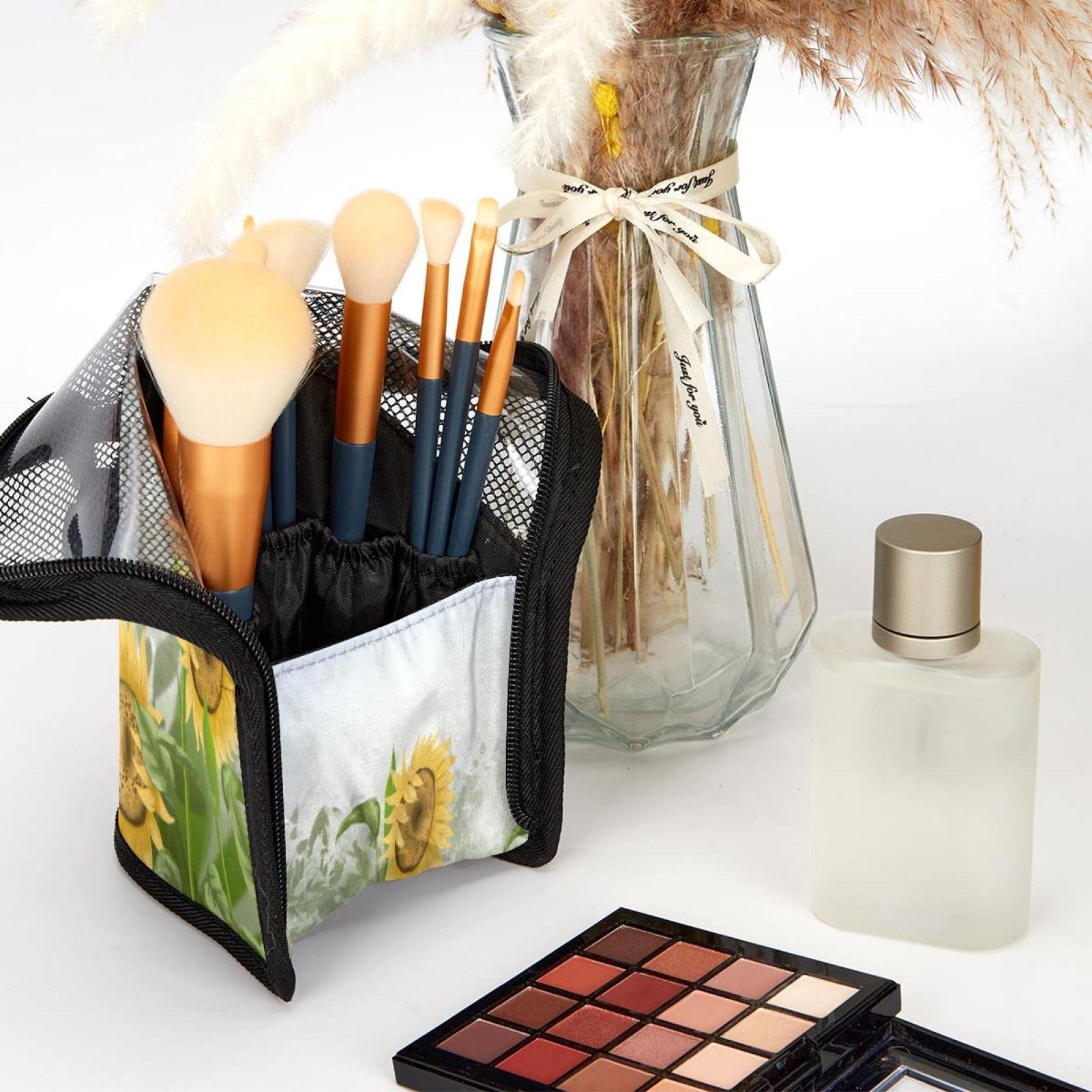 Premium Makeup Brush Organizer Bag with 12 Brushes - Sunflower Field Design, Portable Cosmetic Brush Holder Case for Travel & Home Storage
