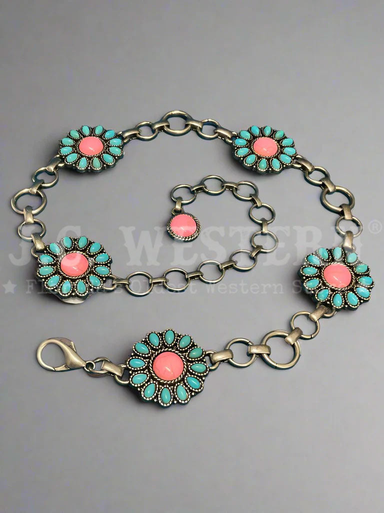 Nocona N4442633 Kids Floral Conchos Belt for Girls - Turquoise & Pink Western Style Belt - Perfect for Cowgirl Outfits, Rodeo Events & Western Fashion
