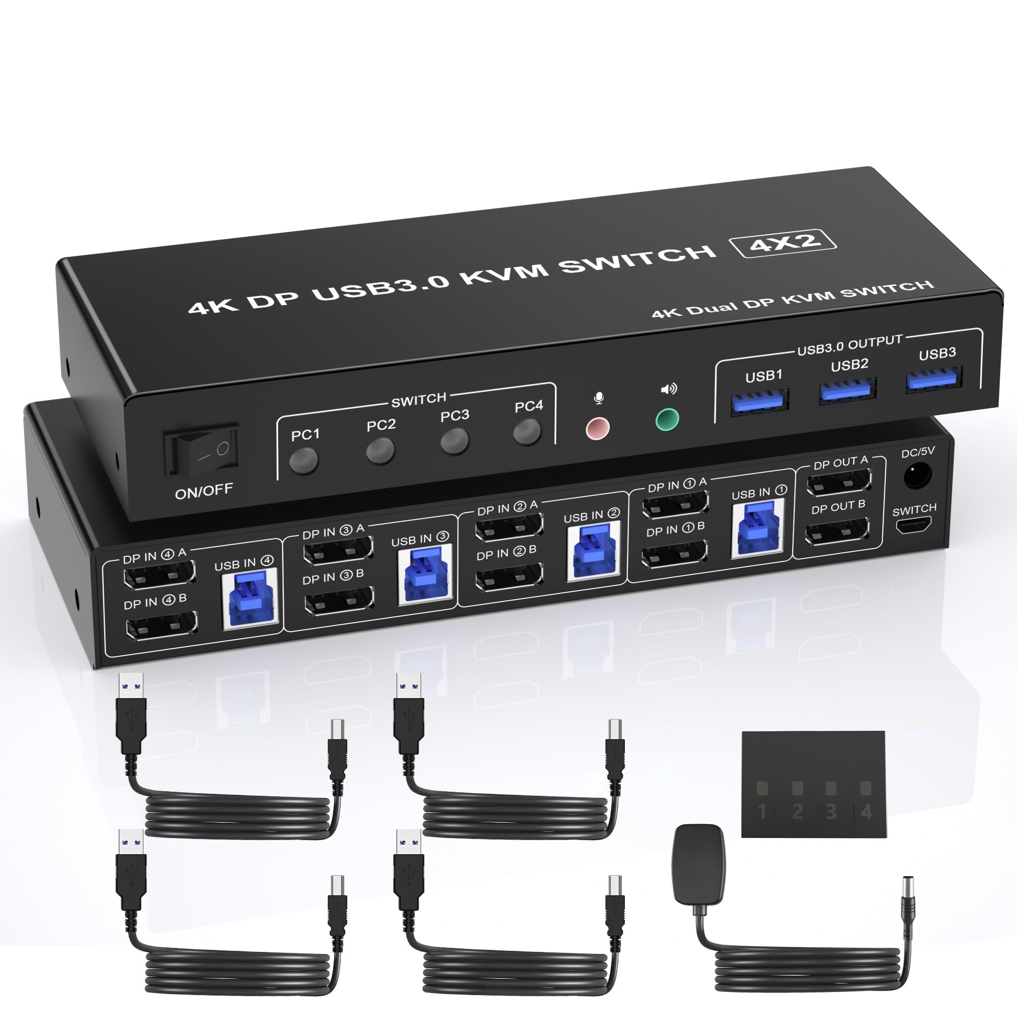 4K 60Hz USB 3.0 DisplayPort KVM Switch for 4 PCs & 2 Monitors - Dual Monitor Support with Audio/Mic Output & 3 USB 3.0 Ports - Ideal for Home Office, Gaming Setup, and Multi-Computer Workstations