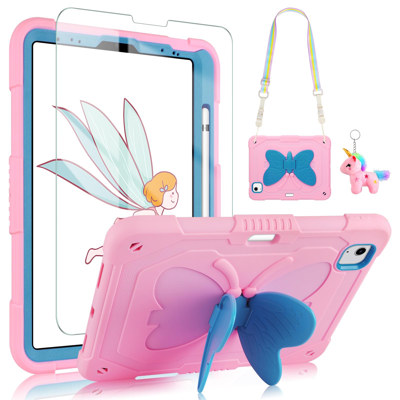 iPad Air 5th/4th Gen & iPad Pro 11 Inch Case with Screen Protector - Cute Butterfly Stand Hard Cover with Pencil Holder & Strap for Kids (Pink/Blue) - Perfect for School, Travel & Home Use