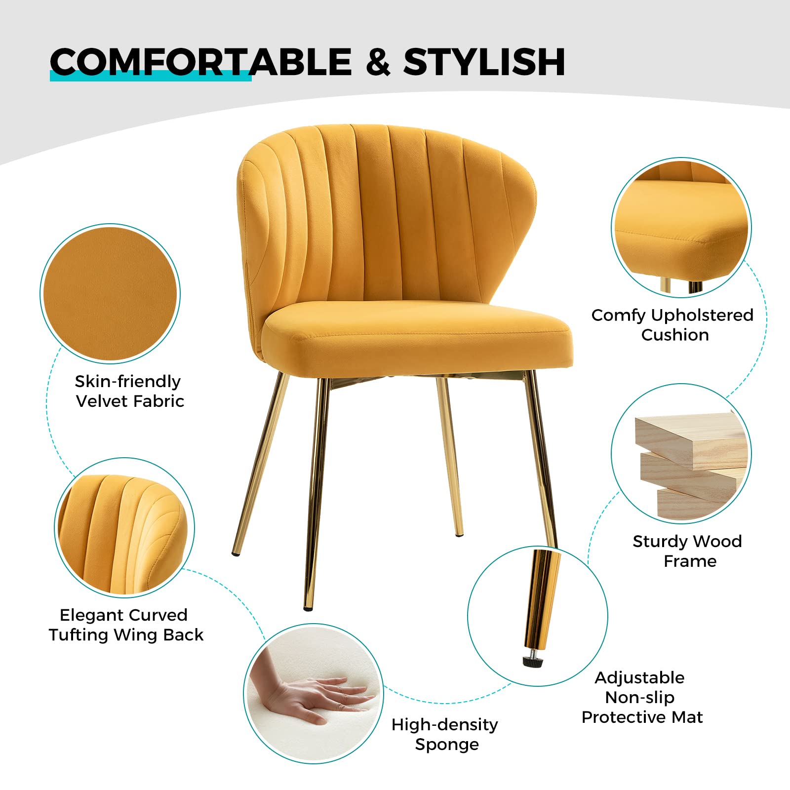 TINA'S HOME Modern Velvet Dining Chairs with Golden Metal Legs - Tufted Back Accent Chair for Living Room, Kitchen, Bedroom & Vanity | Small Upholstered Side Chair in Mustard Yellow - Perfect for Home Decor, Beauty Room & Patio Seating