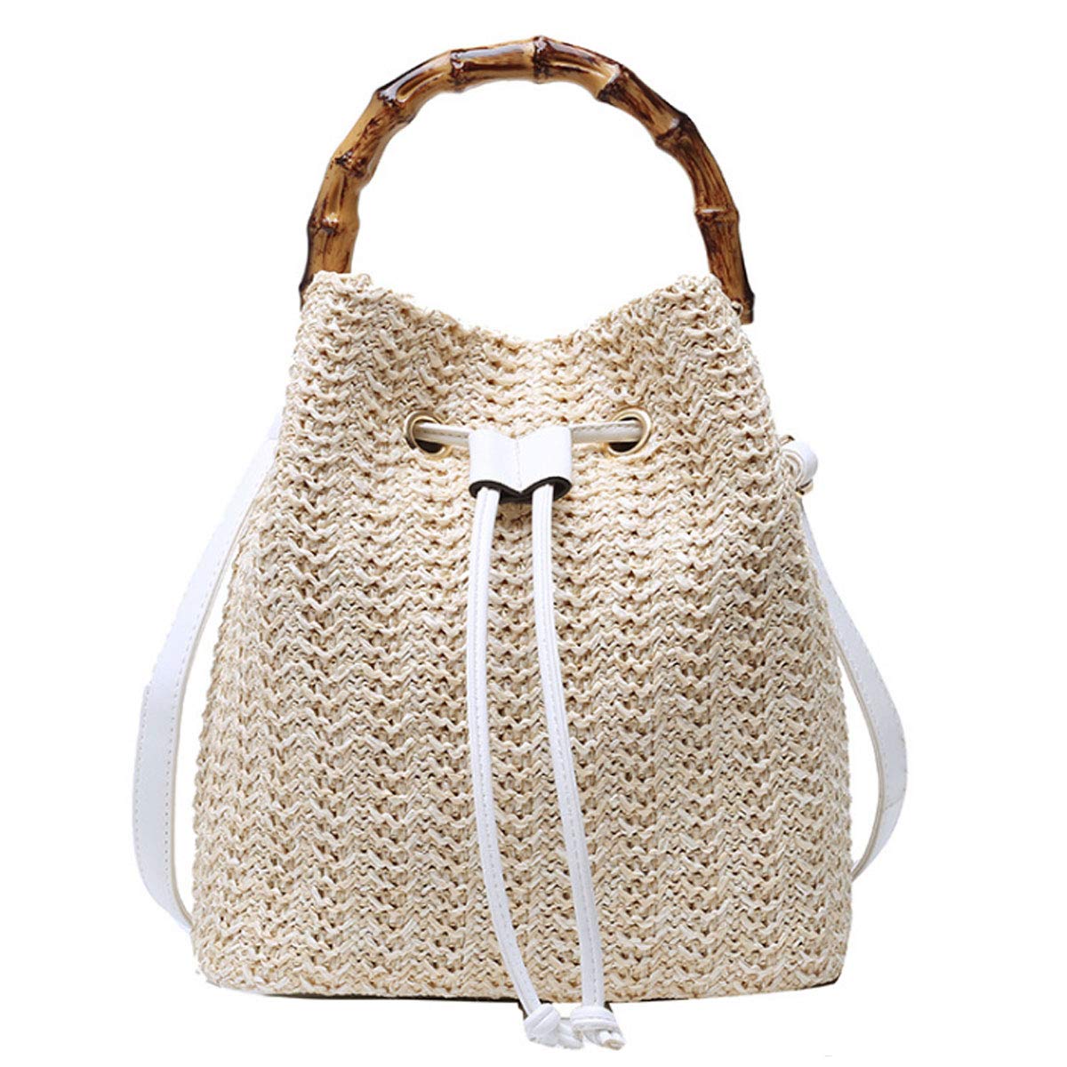 Stylish Women's Straw Bucket Bag with Drawstring - Bamboo Tote Crossbody Shoulder Bag for Beach, Travel & Summer Outfits