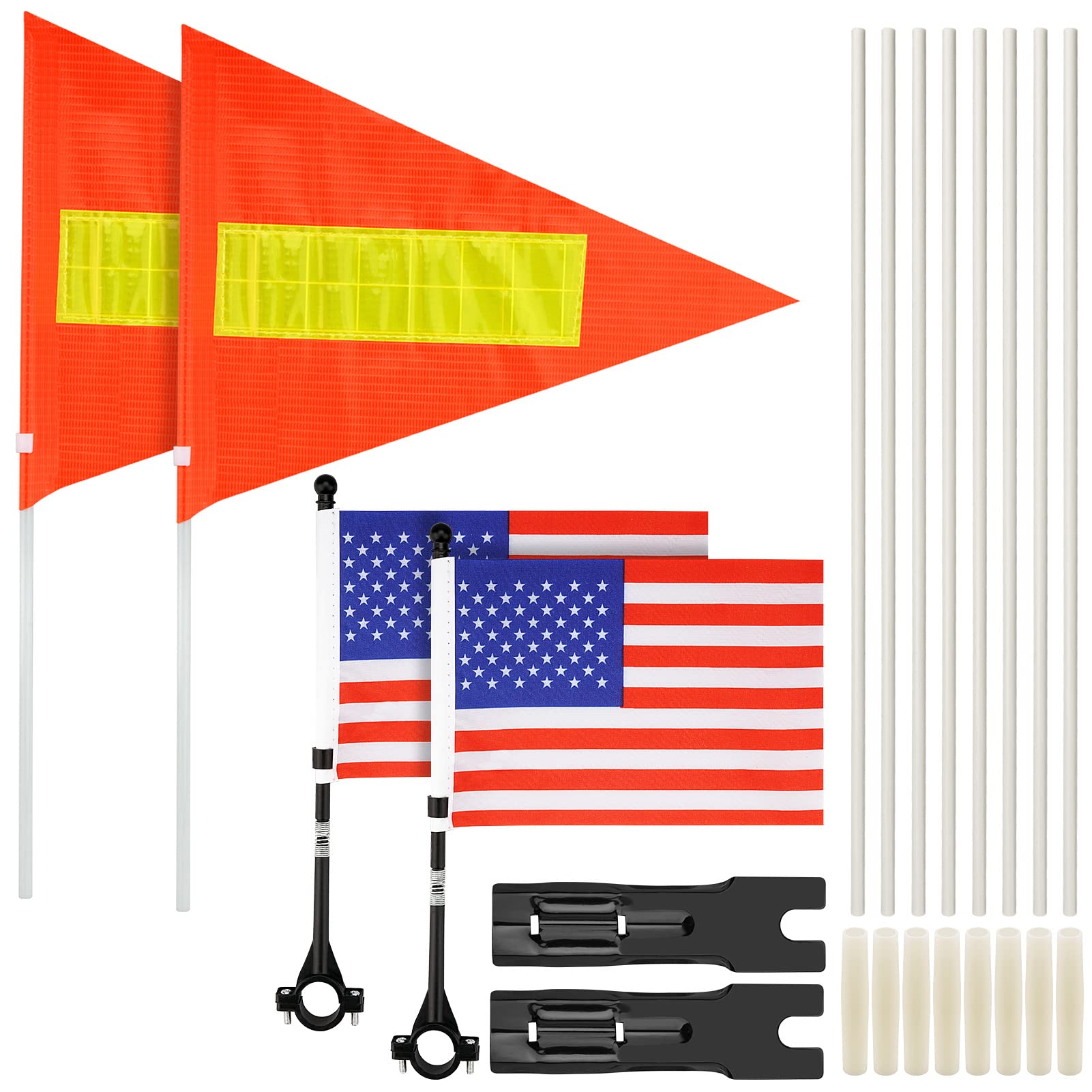2 Pack Bike Safety Flags with Pole - Reflective Strap, Adjustable Height, Heavy Duty Fiberglass, Waterproof - Perfect for Cycling, Bicycle Commuting & Outdoor Adventures - USA Flag Design