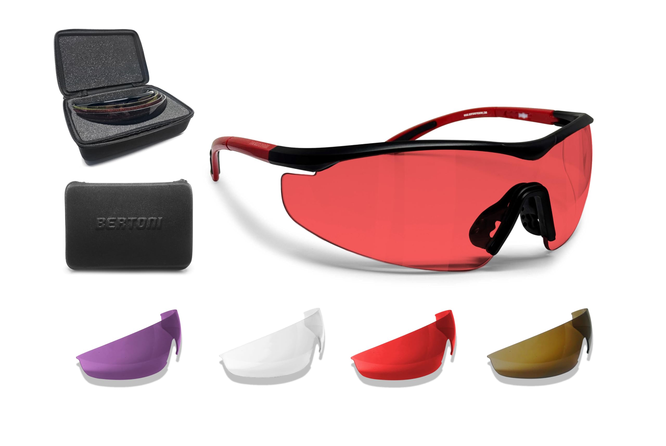 Bertoni SH898 Tactical Shooting Glasses - 4 Interchangeable Anti-Fog Lenses with Carrying Case - Safety Eyewear for Shooting, Hunting & Outdoor Sports