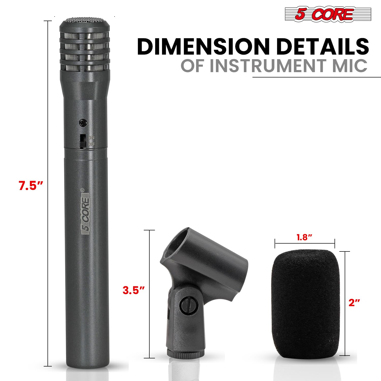 5 Core Professional Condenser Microphone - Cardioid Unidirectional Pencil Mic with Windscreen, Mic Clip & Case - Ideal for Podcasting, Recording, Streaming & Studio Use (Model: INSTRU MIC 100GREY)