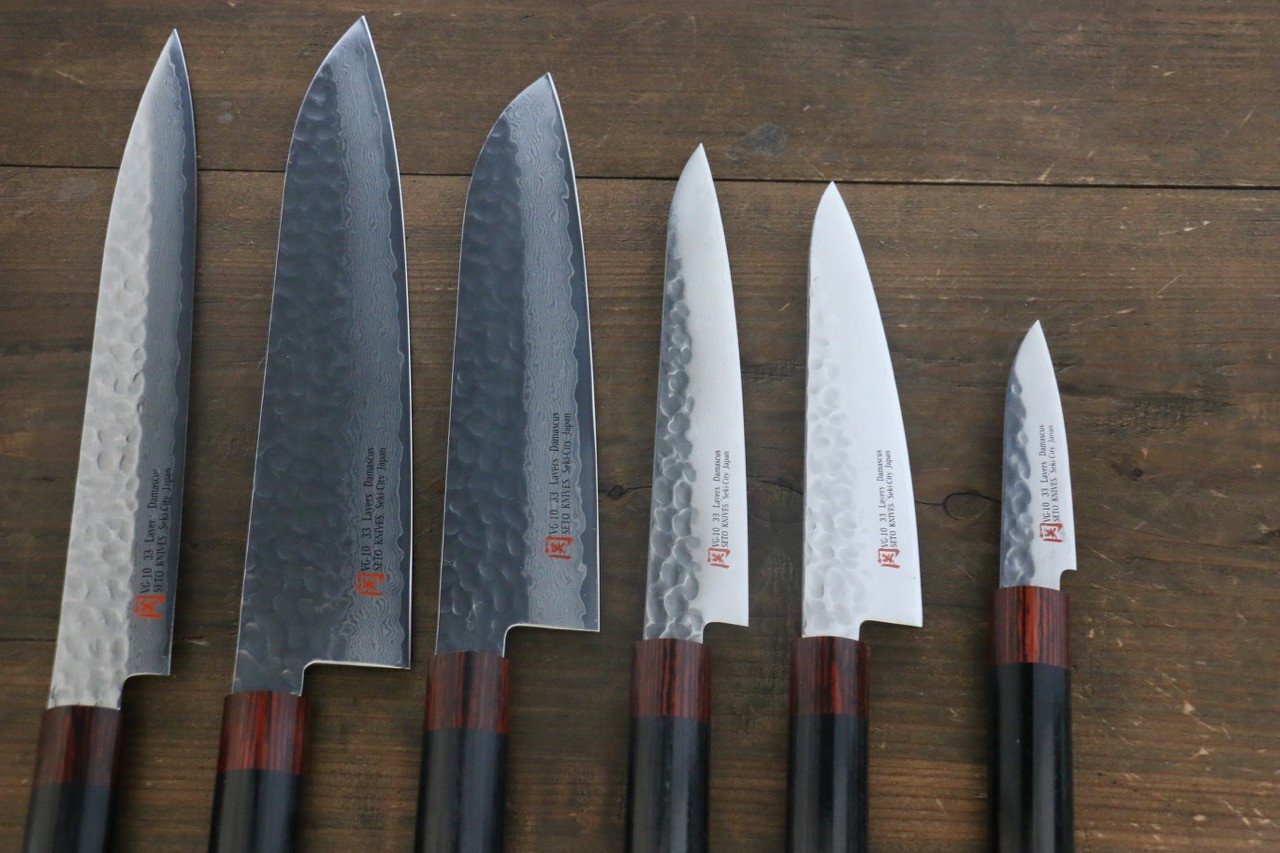 Premium Iseya VG10 33-Layer Damascus Japanese Knife Set - 80mm Petty, 150mm Petty, Santoku, Small Santoku, Gyuto 210mm & Sushi Chef Knife - Professional Kitchen Knives for Slicing, Dicing, and Food Preparation