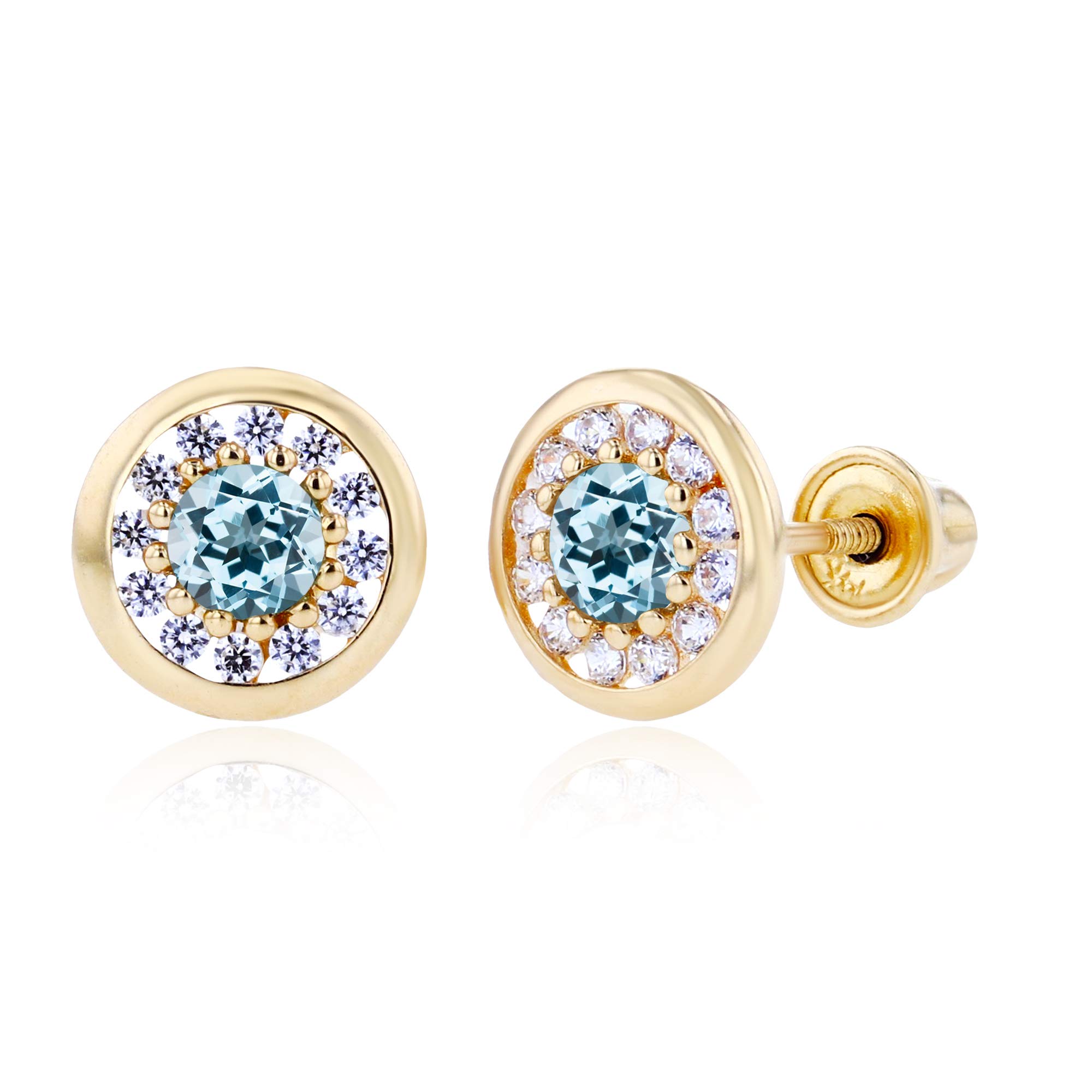 14K Gold 7mm Circle Natural Birthstone Screwback Stud Earrings for Women | 3mm Birthstone & 1mm White Sapphire Pave Earrings | Elegant Gift for Birthday, Anniversary & Everyday Wear