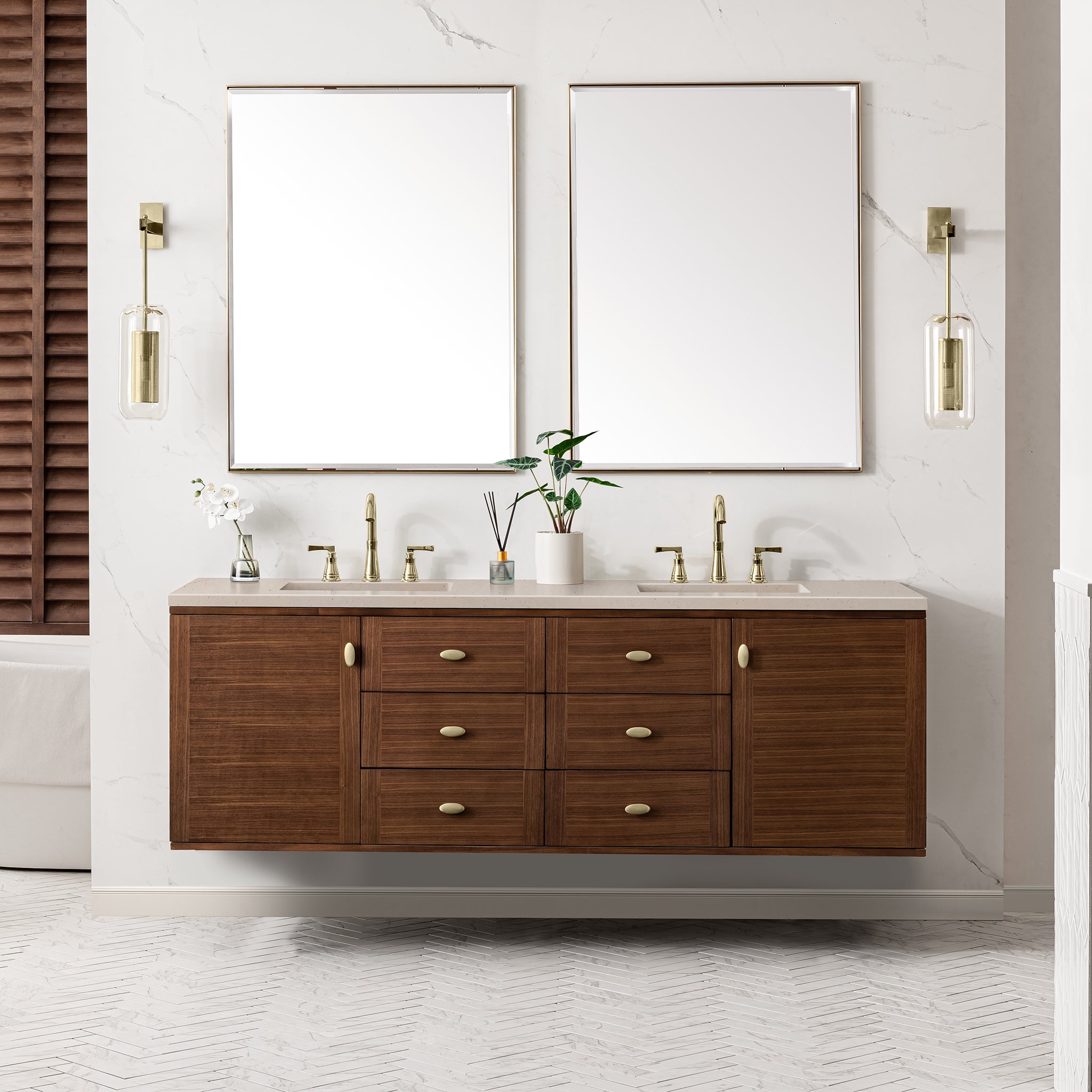 Amberly 72 Inch Double Vanity with 3CM Eternal Marfil Top - Mid Century Modern Walnut Bathroom Vanity for Master Bath & Guest Bathroom