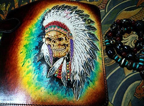 Handcrafted Genuine Leather Biker Wallet for Men - 3D Carved Indian Skull & Skeleton Design - Custom Personalized Long Wallet for Motorcycle Riders & Gift Giving
