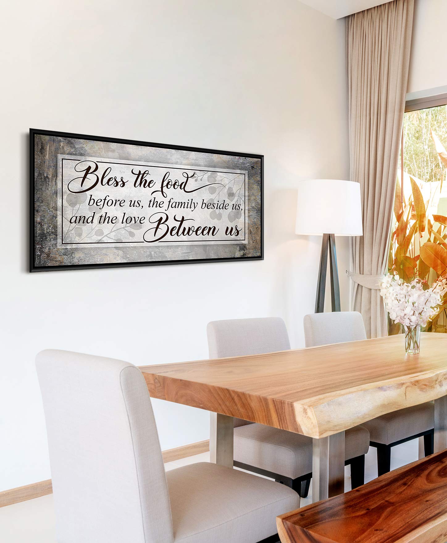 Bless The Food Sign - Christian Wall Decor for Dining Room & Kitchen - Large Canvas Wall Art with Floating Frame - Family Home Décor (Grey/Brown/Black, 42x19) - Perfect for Farmhouse, Rustic & Modern Interior Design
