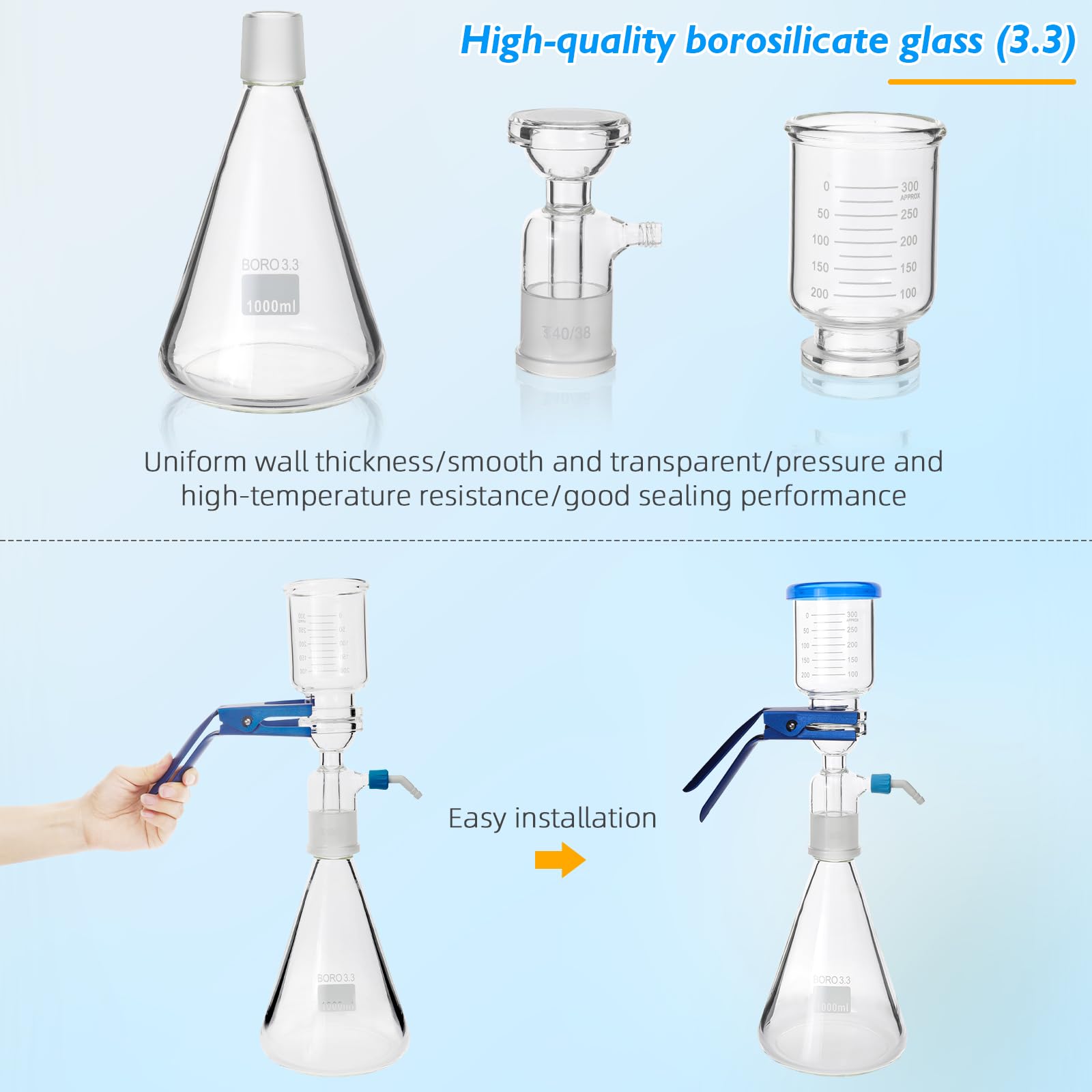 Premium 1000ml Borosilicate Glass Vacuum Distillation & Filtration Apparatus - Lab-Grade Chemistry Equipment for Essential Oil Extraction, Solvent Purification & Research Applications