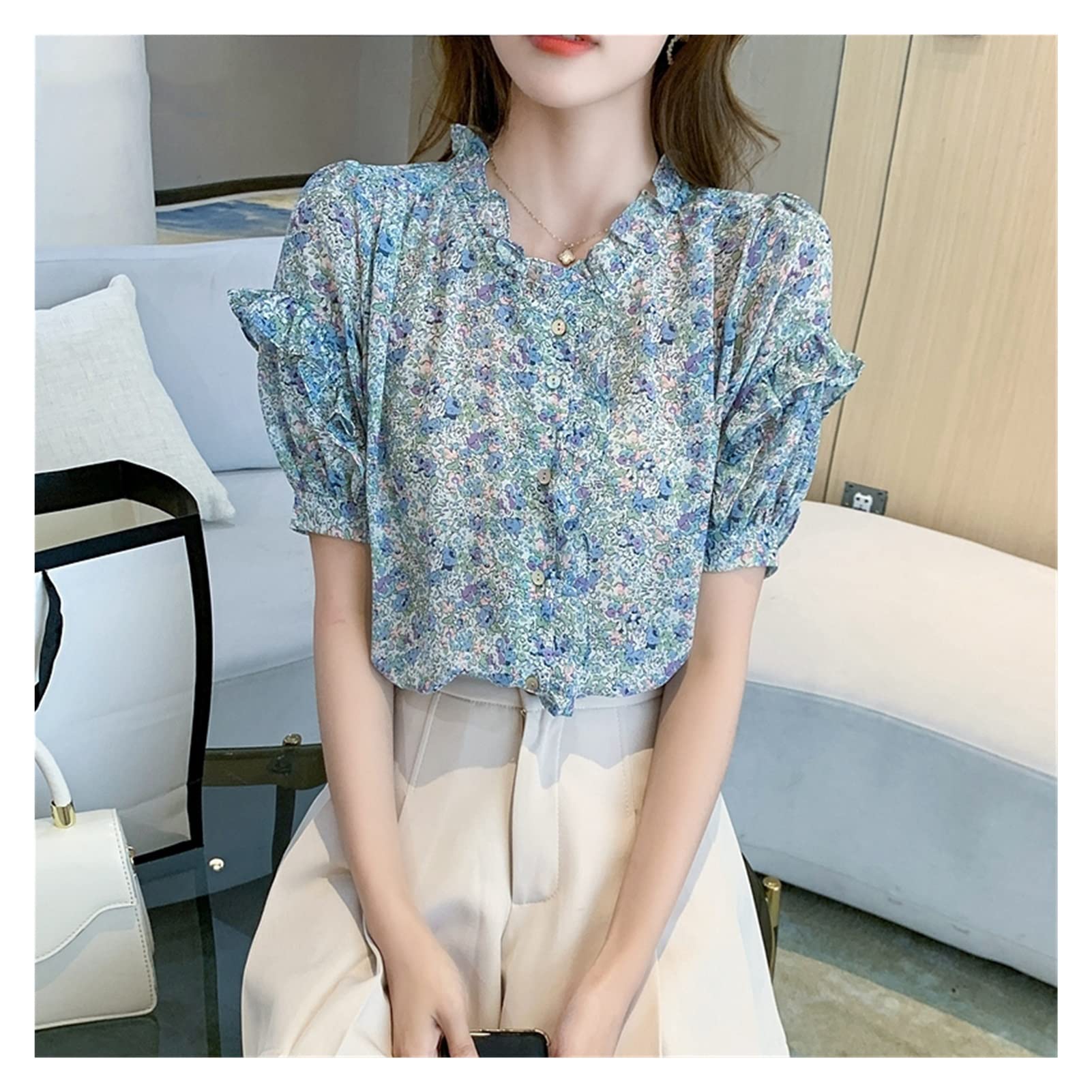 Blue Floral Loose Summer Casual Short Sleeve Blouse Tops for Women - Office Lady Work Clothes (XXL) | Perfect for Business Casual, Summer Outfits & Vacation Wear