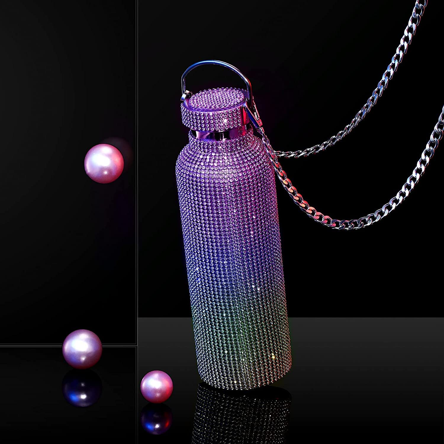 Sparkling Diamond Rhinestone Stainless Steel Insulated Water Bottle - 25oz Vacuum Flask Keeps Drinks Hot/Cold for 24 Hours - Glitter Thermos for Women, Girls, Gym, Yoga, Hiking & Outdoor Activities (Colorful)