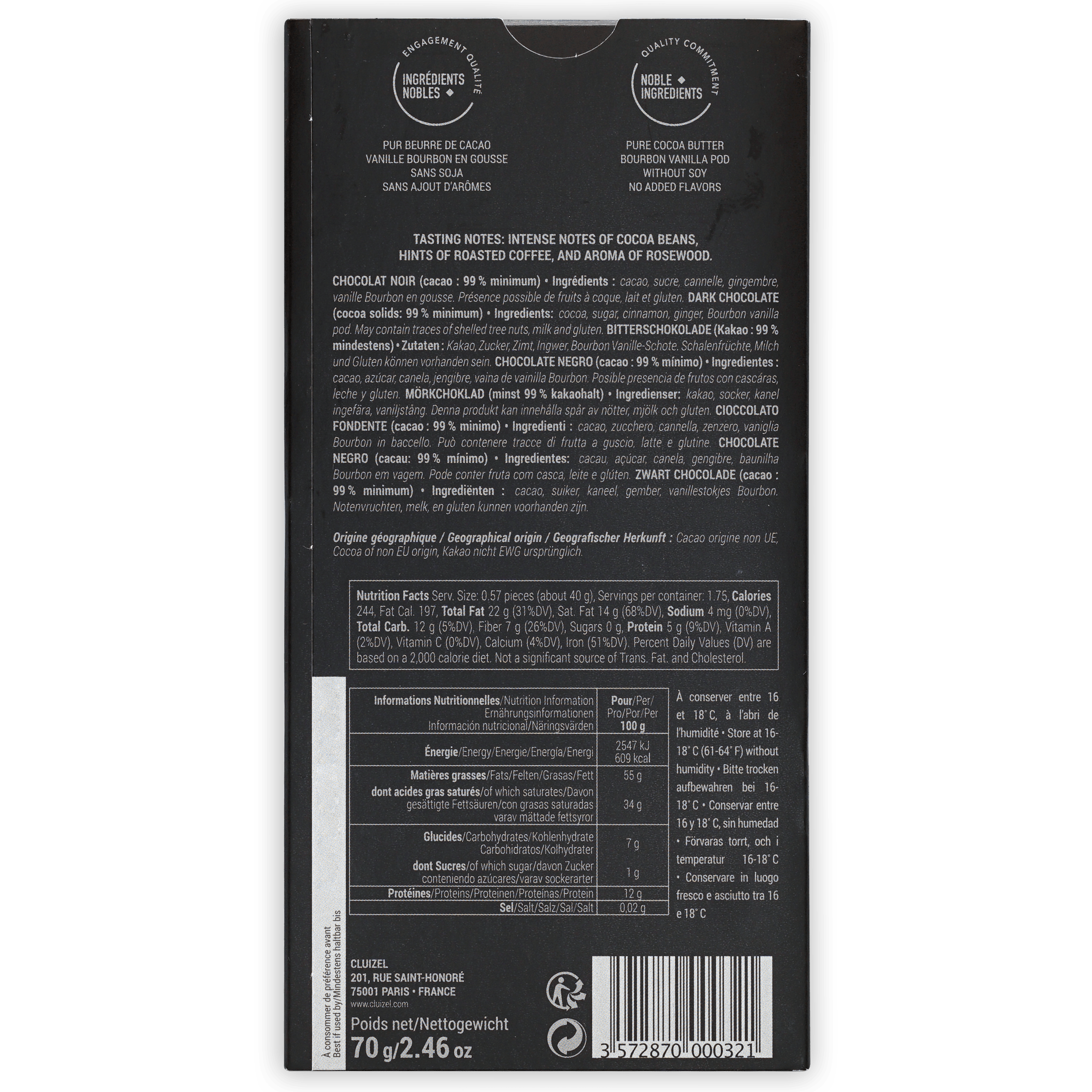 Michel Cluizel Noir Infini 99% Dark Chocolate Bar - Premium French Baking Chocolate for Desserts, Gifts & Gourmet Recipes